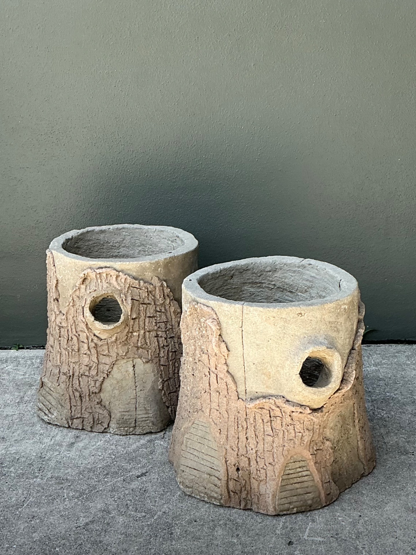 Handcrafted Faux Bois Cement  Planters - A Pair - Back view