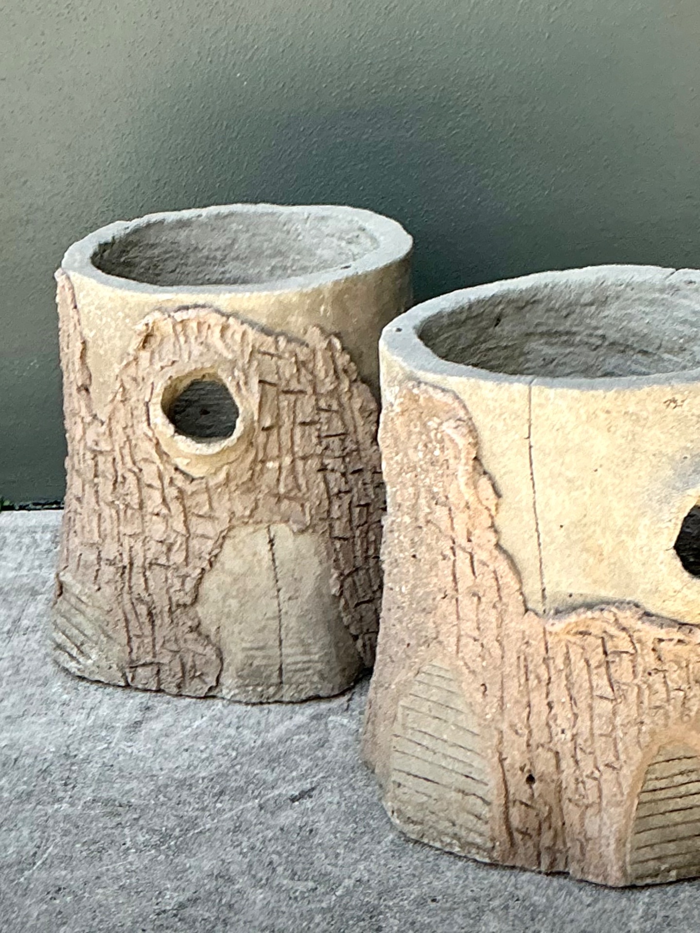 Handcrafted Faux Bois Cement  Planters - A Pair - Top view
