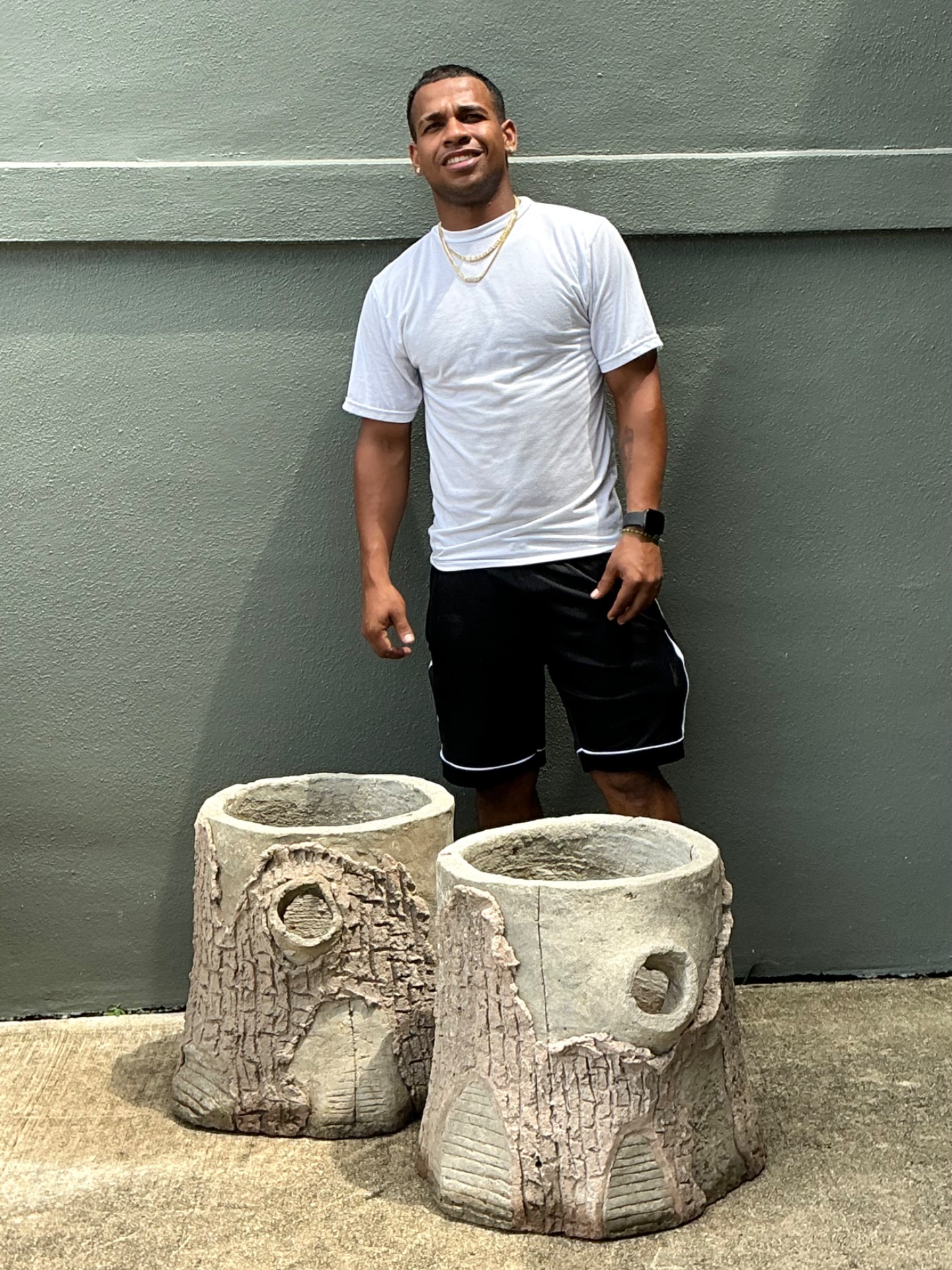 Handcrafted Faux Bois Cement  Planters - A Pair - Side view
