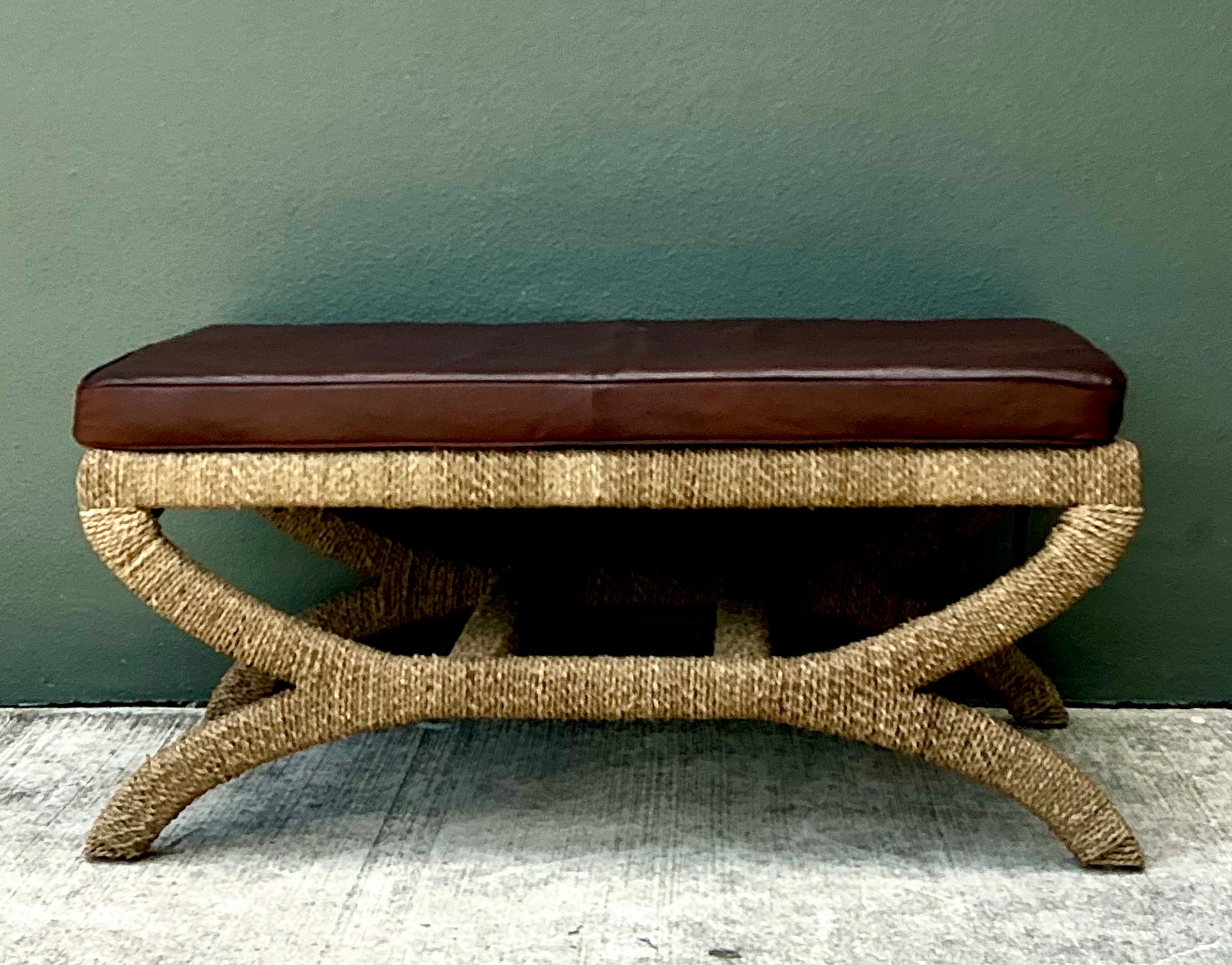 Vintage Rattan and Leather Bench - Detail view