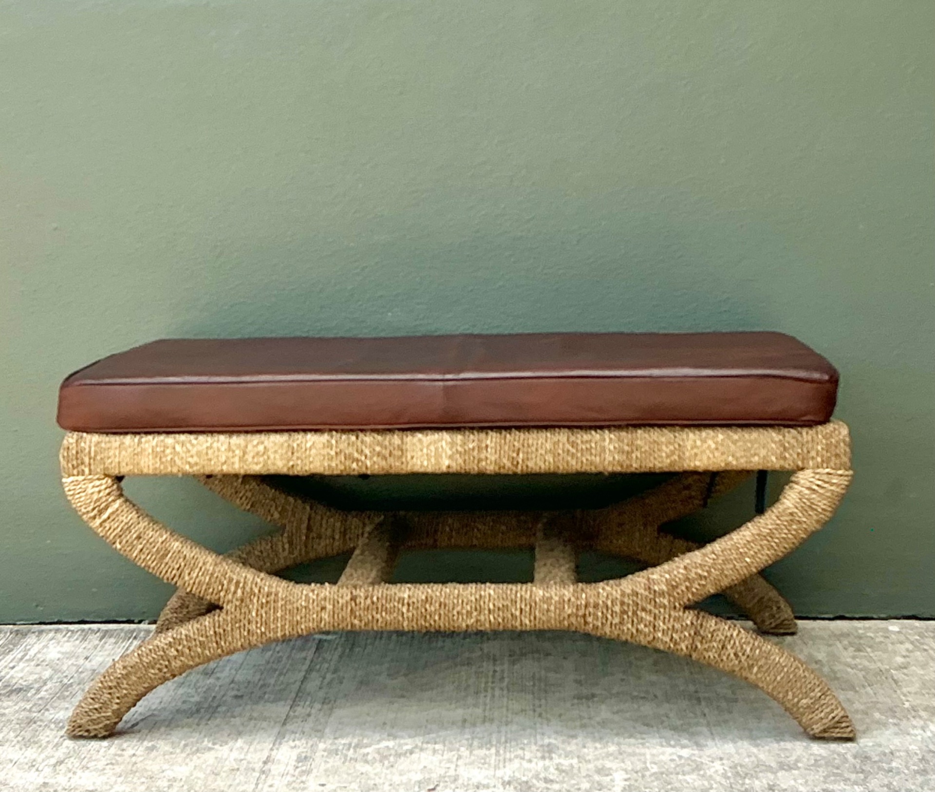 Vintage Rattan and Leather Bench - Back view