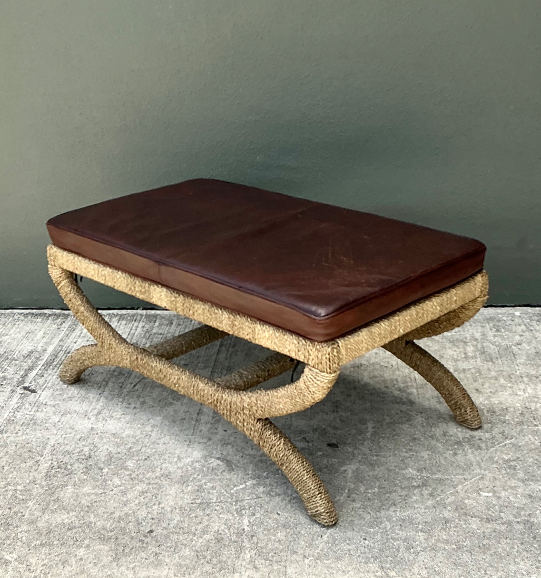 Vintage Rattan and Leather Bench - Side view