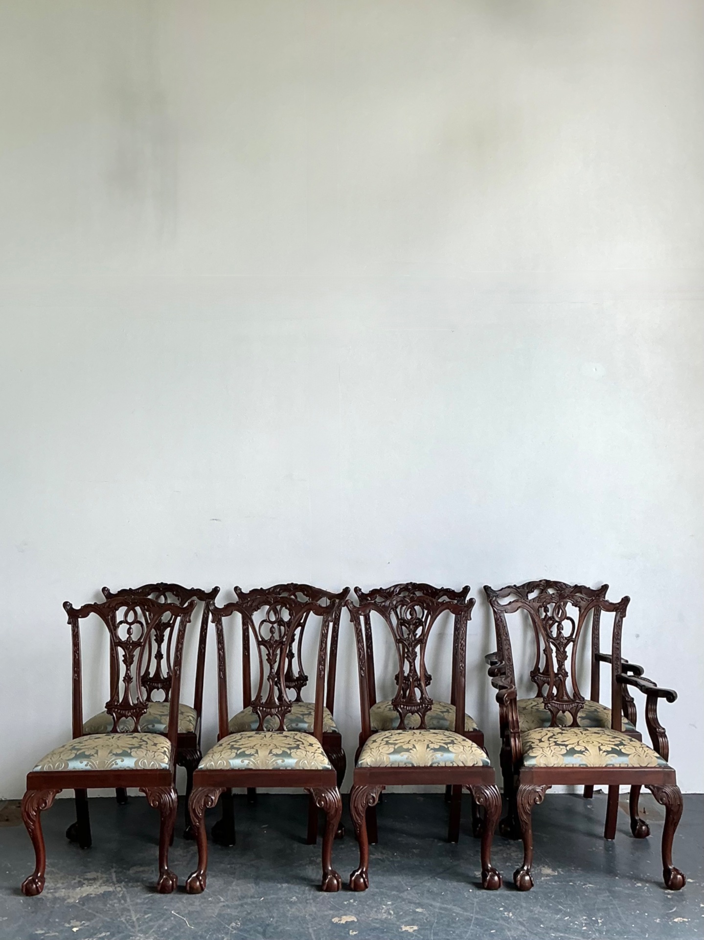 Vintage Ball and Claw Chippendale Dining Chairs In Fortuny - Set Of 8 - Detail view