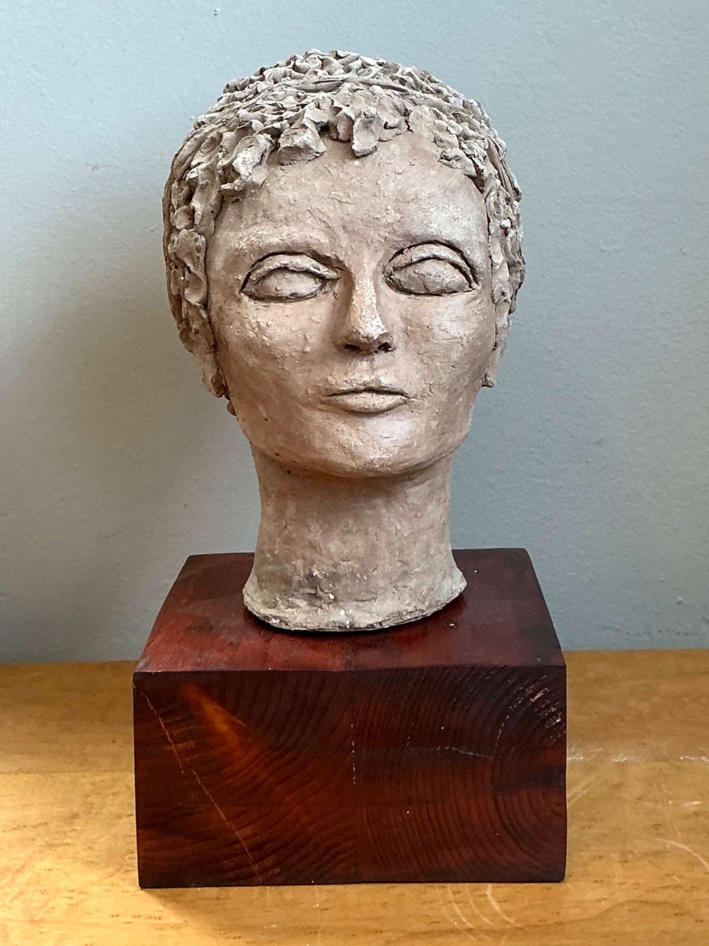 Vintage Plaster Head Sculpture on Wood Base - Plaster, 7W x 13.25H - Top view