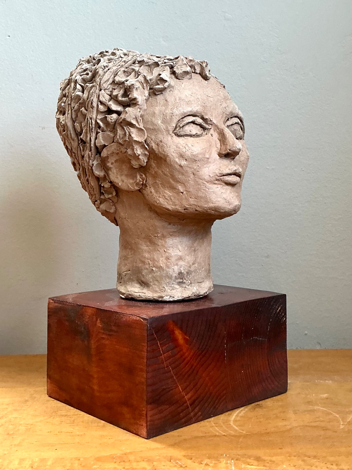 Vintage Plaster Head Sculpture on Wood Base - Plaster, 7W x 13.25H - Side view