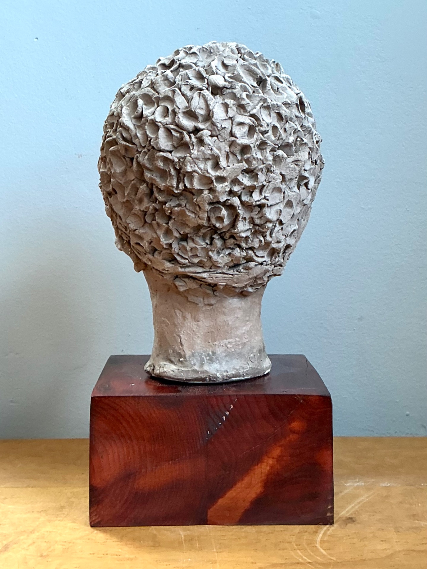 Vintage Plaster Head Sculpture on Wood Base - Plaster, 7W x 13.25H - Back view
