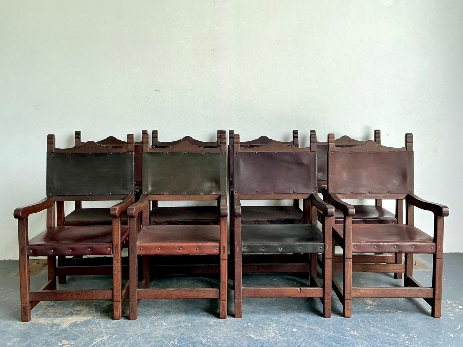 Vintage Spanish Leather and Wood Armchairs - Set of 6 - Detail view