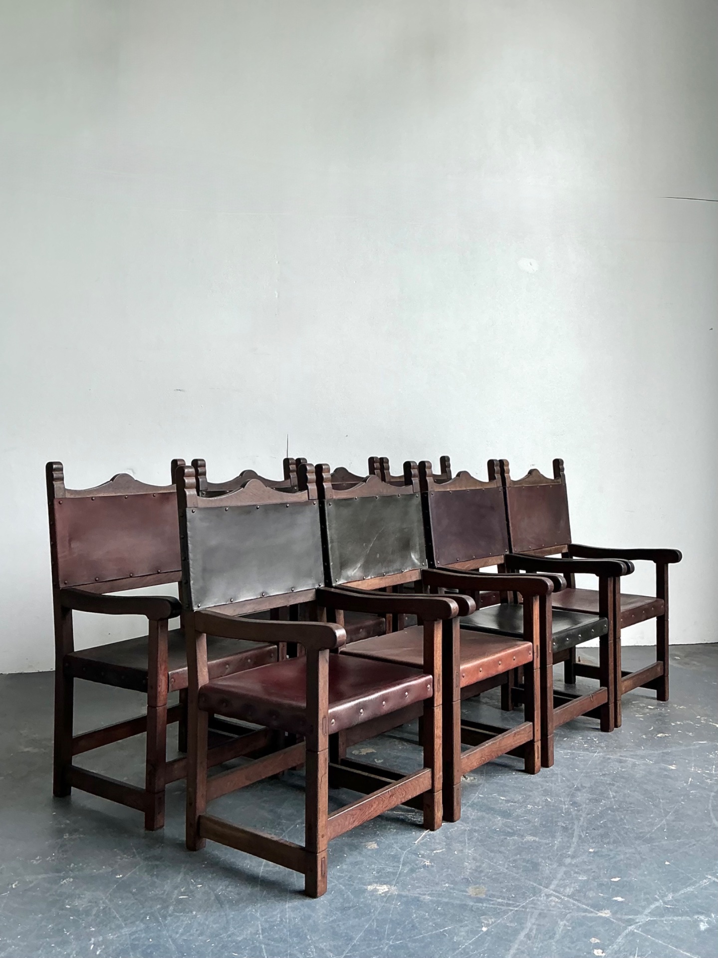 Vintage Spanish Leather and Wood Armchairs - Set of 6 - Top view
