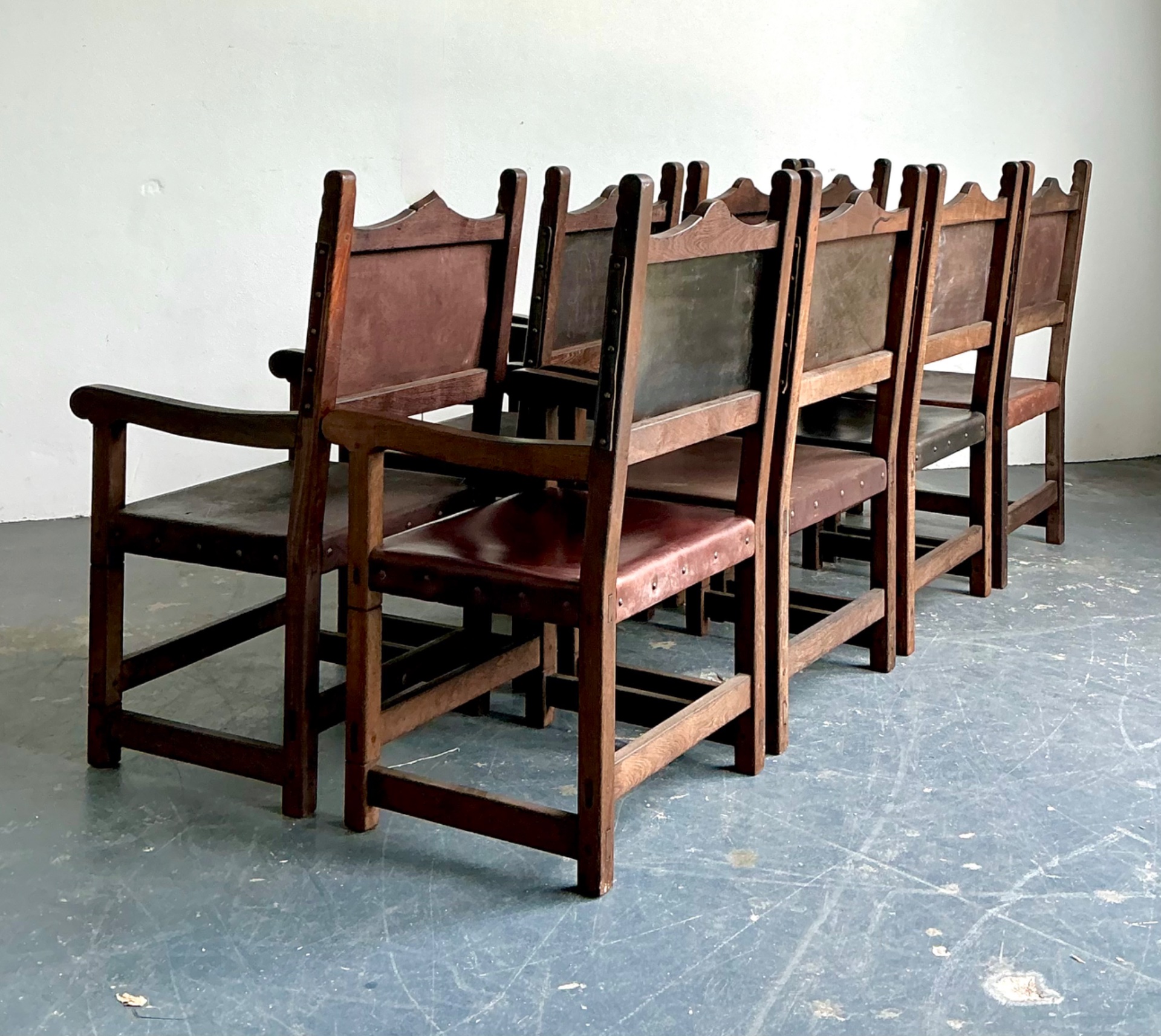 Vintage Spanish Leather and Wood Armchairs - Set of 6 - Side view