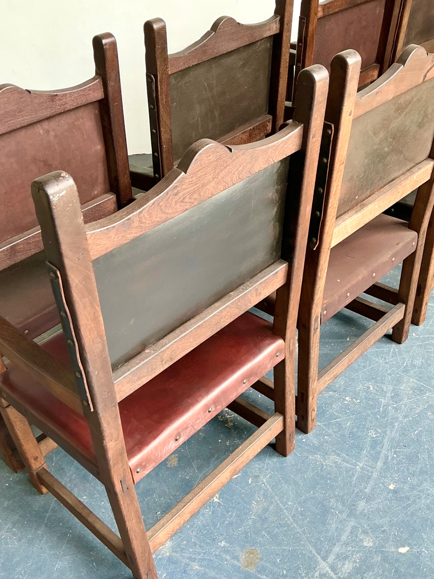Vintage Spanish Leather and Wood Armchairs - Set of 6 - Back view