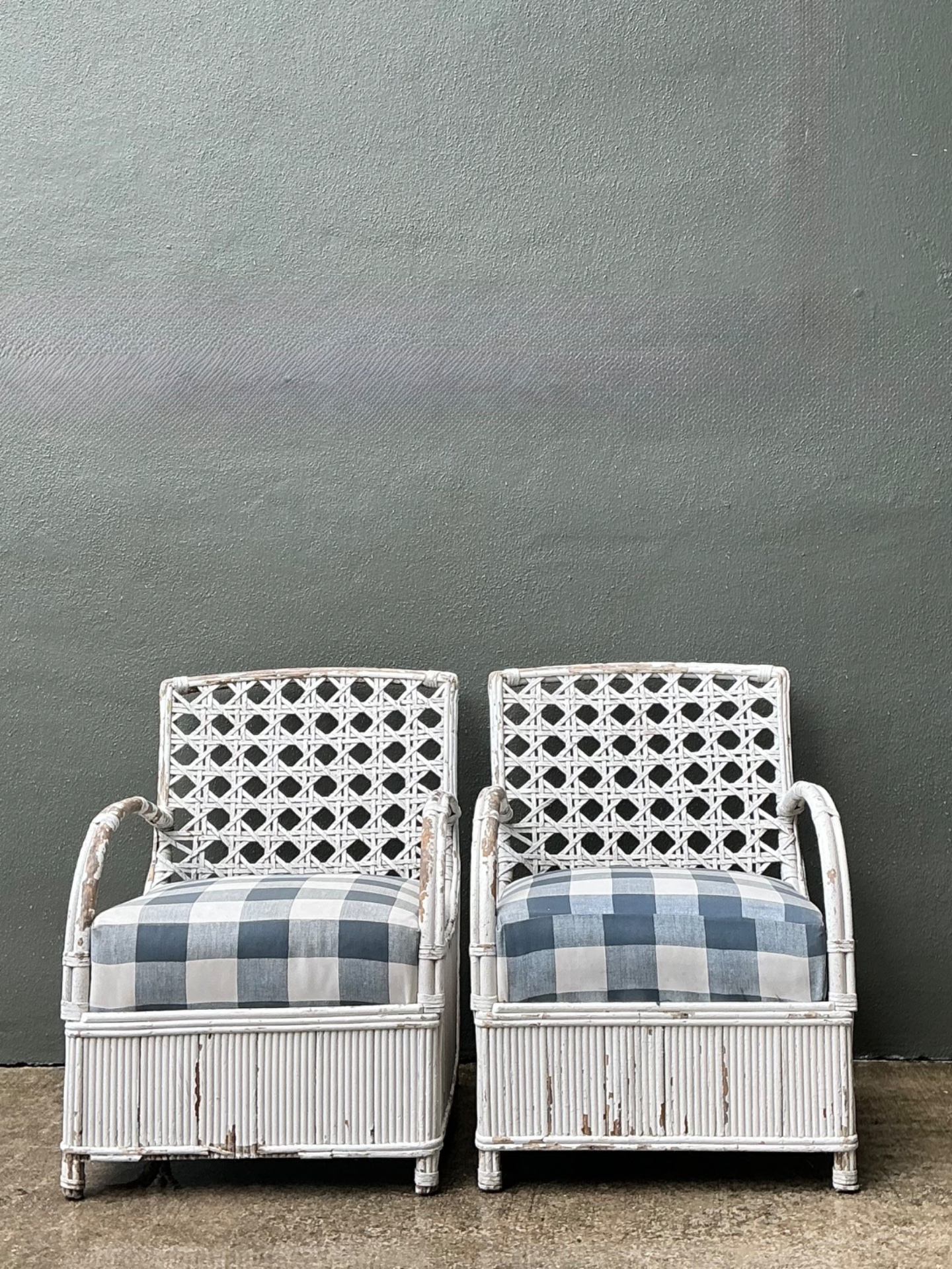 Vintage White Rattan Lounge Chairs - A Pair - Side view