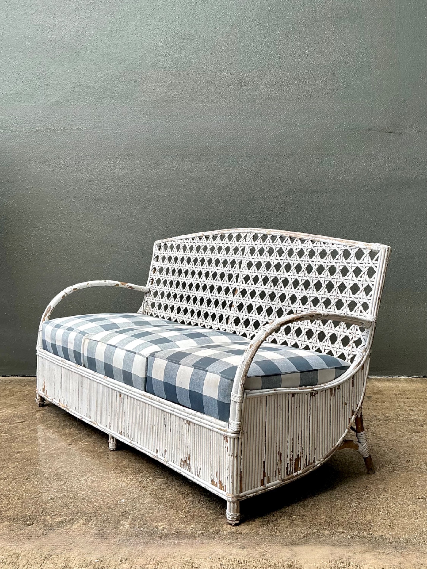 Vintage Distressed White Rattan and Checkered Sofa - Back view