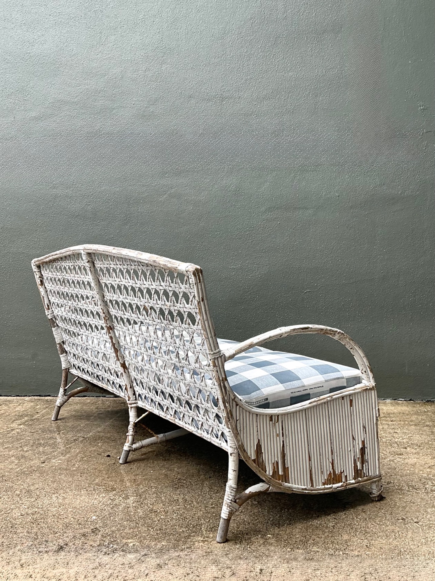 Vintage Distressed White Rattan and Checkered Sofa - Top view