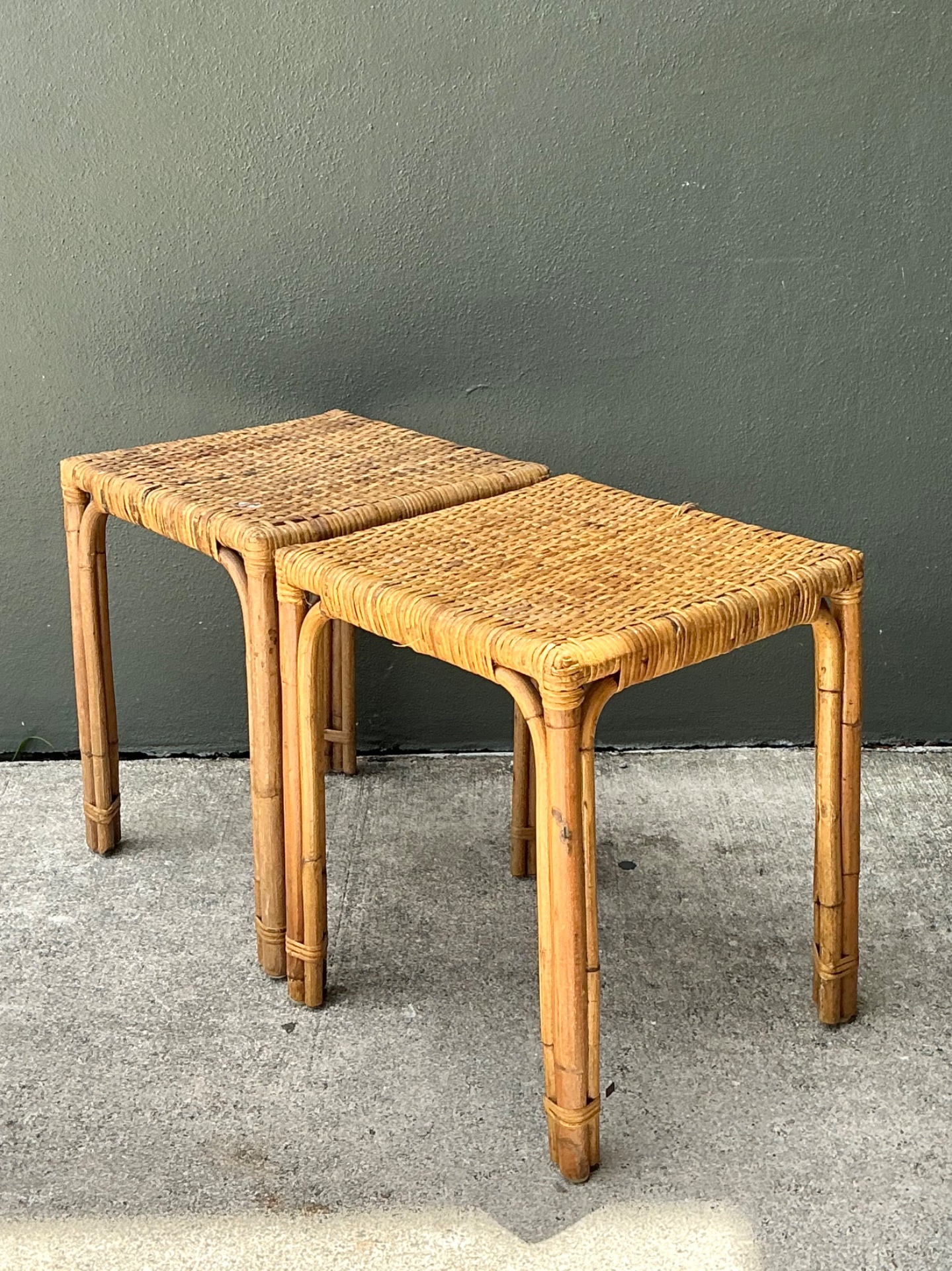 Vintage Woven Rattan Side Tables - Pair - Side view