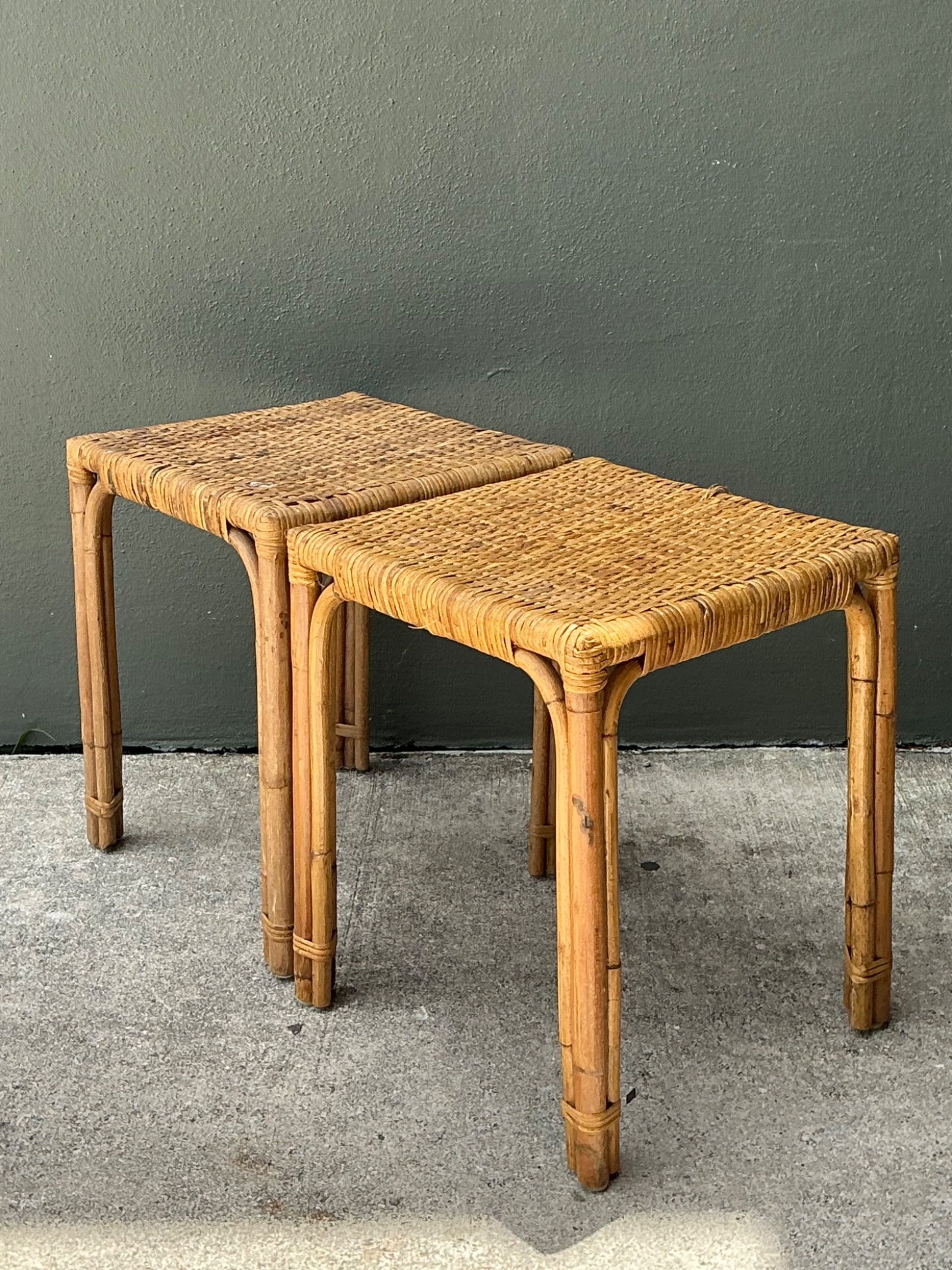 Vintage Woven Rattan Side Tables - Pair - Top view