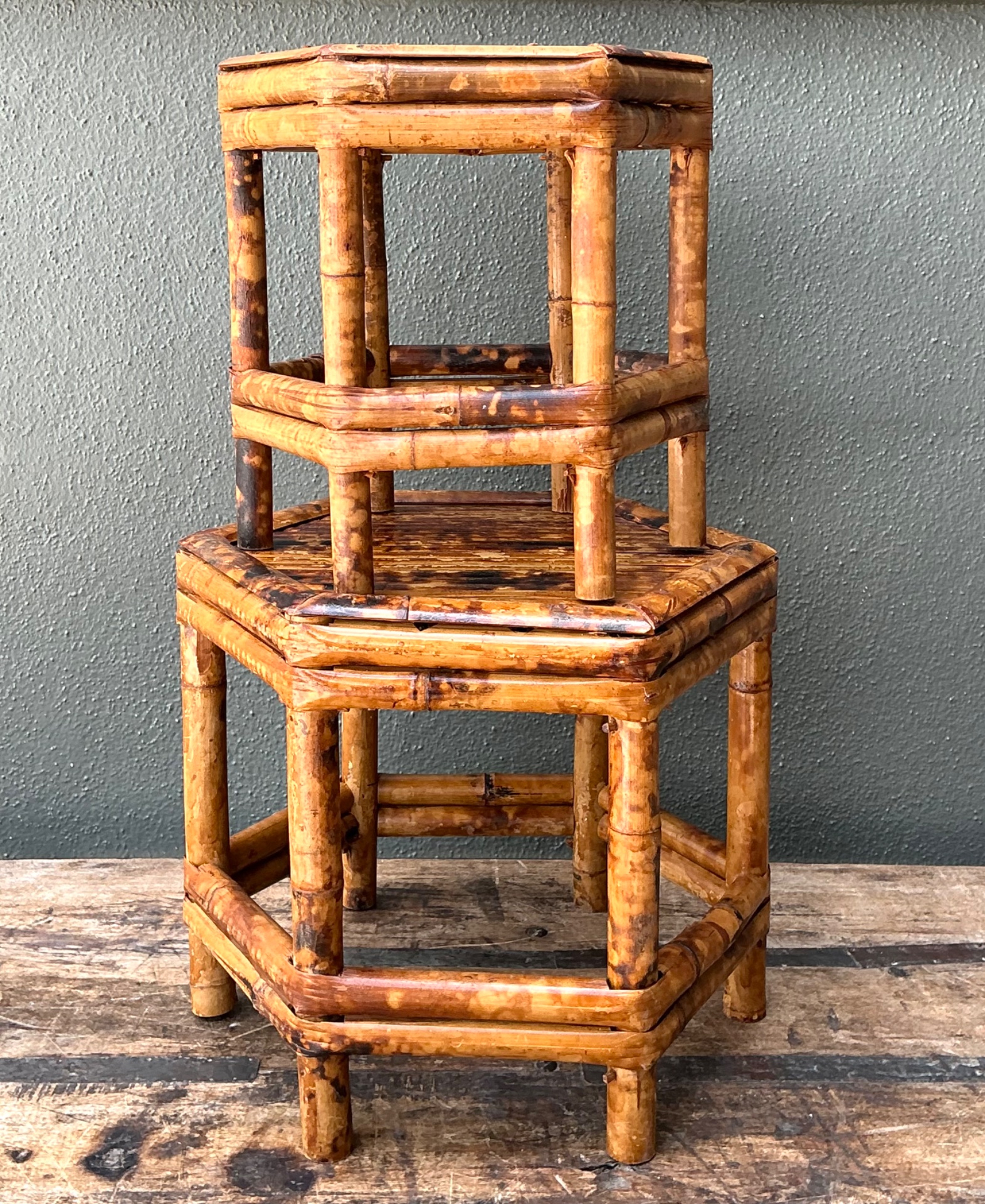 Vintage Hexagonal Bamboo Orchid Pedestals - Set Of 2 - Back view
