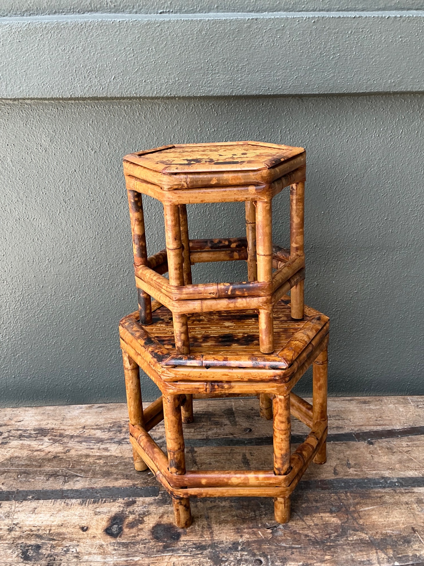 Vintage Hexagonal Bamboo Orchid Pedestals - Set Of 2 - Side view