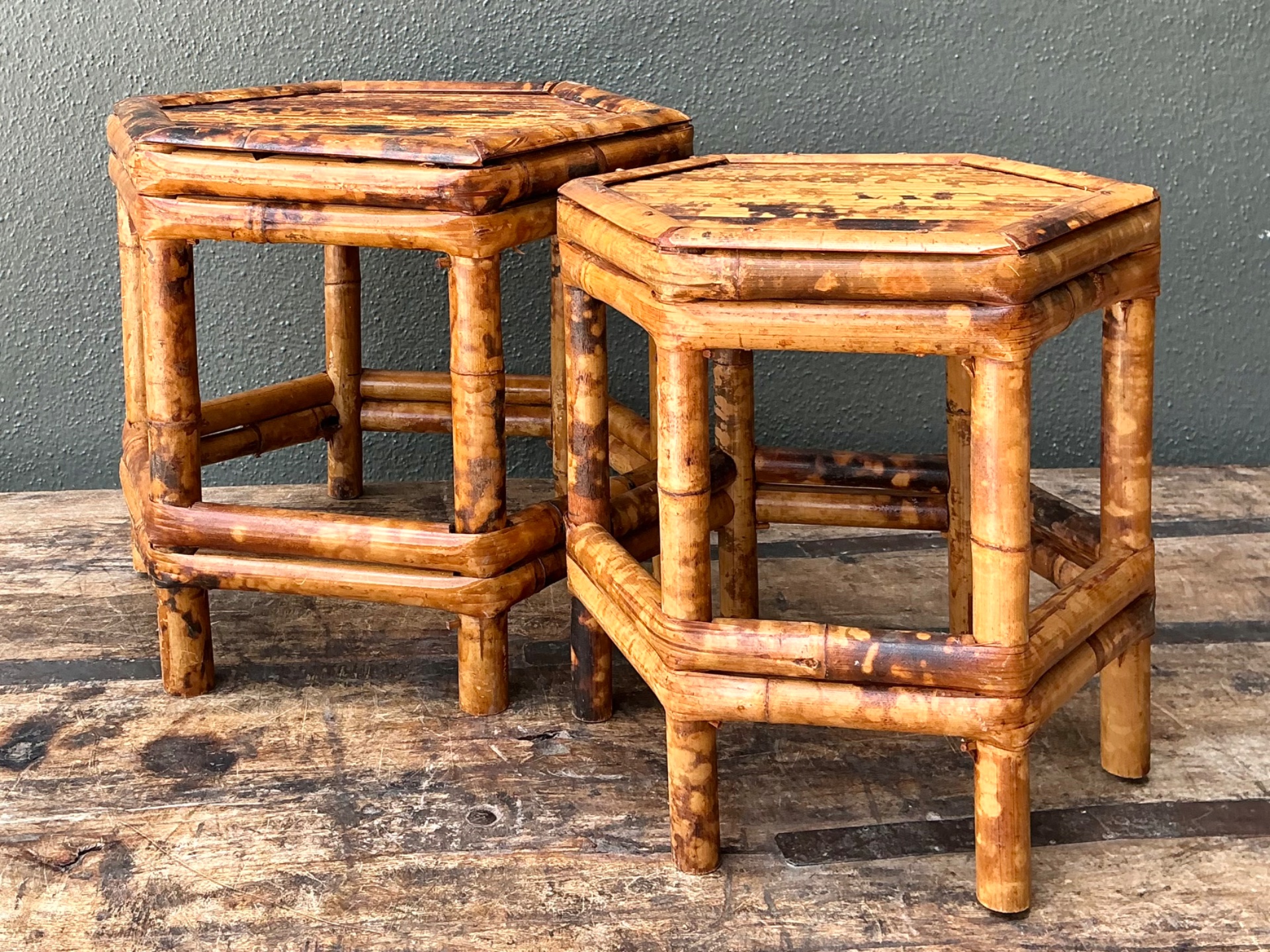 Vintage Hexagonal Bamboo Orchid Pedestals - Set Of 2 - Top view