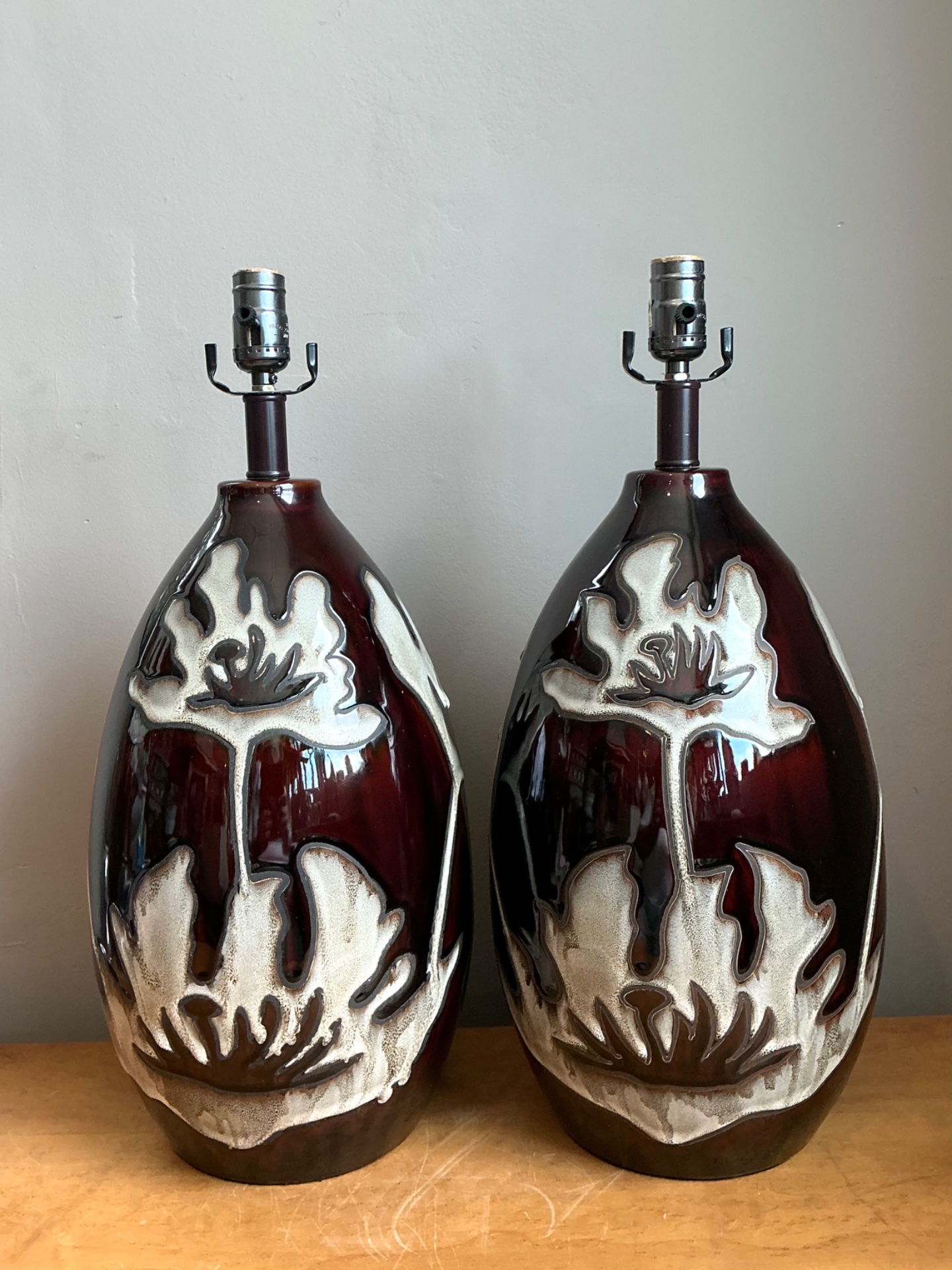 Vintage Floral Ceramic Table Lamps - Pair - Side view