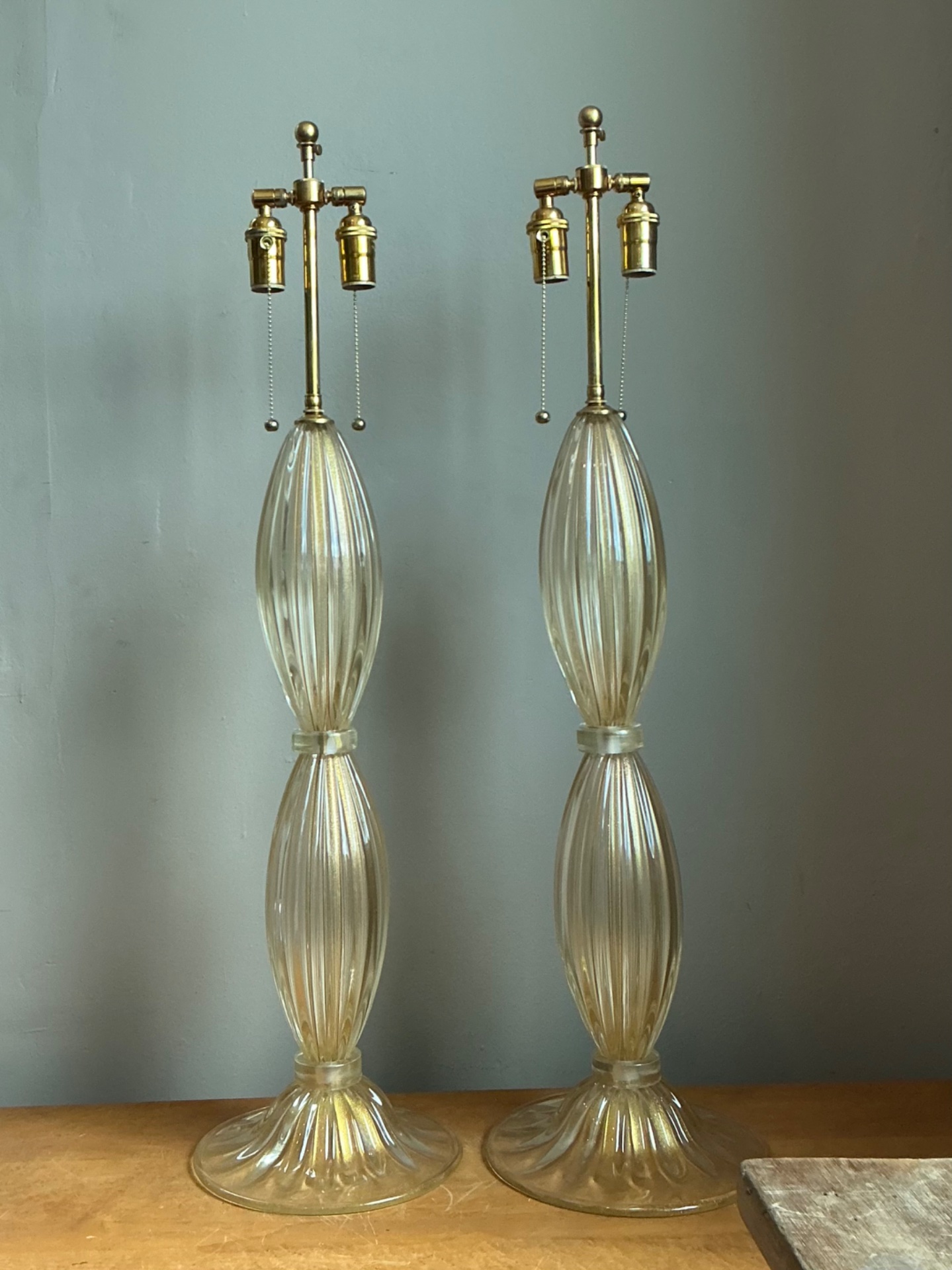 Vintage Ribbed Murano Glass Table Lamps - Pair - Top view