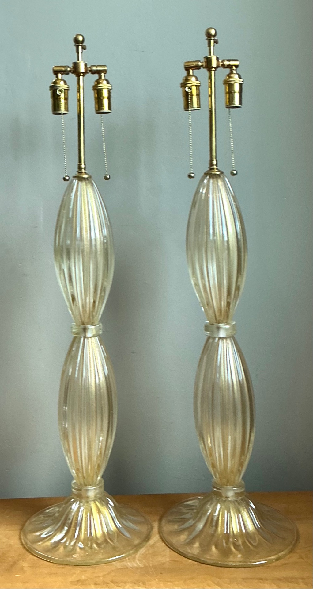 Vintage Ribbed Murano Glass Table Lamps - Pair - Side view