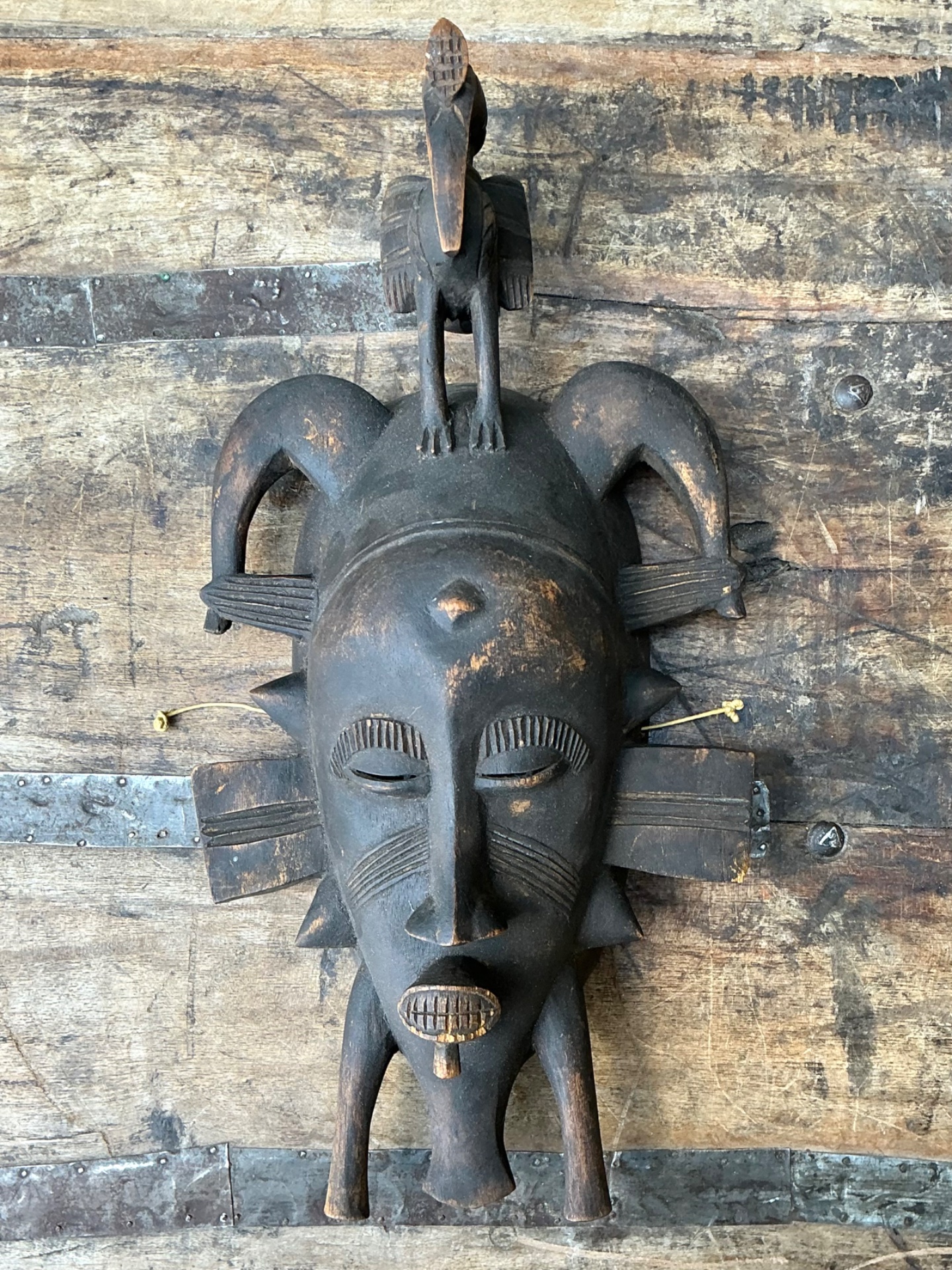 Vintage Hand Carved Tribal Mask - Resin, 7.75W x 14.75H - Top view