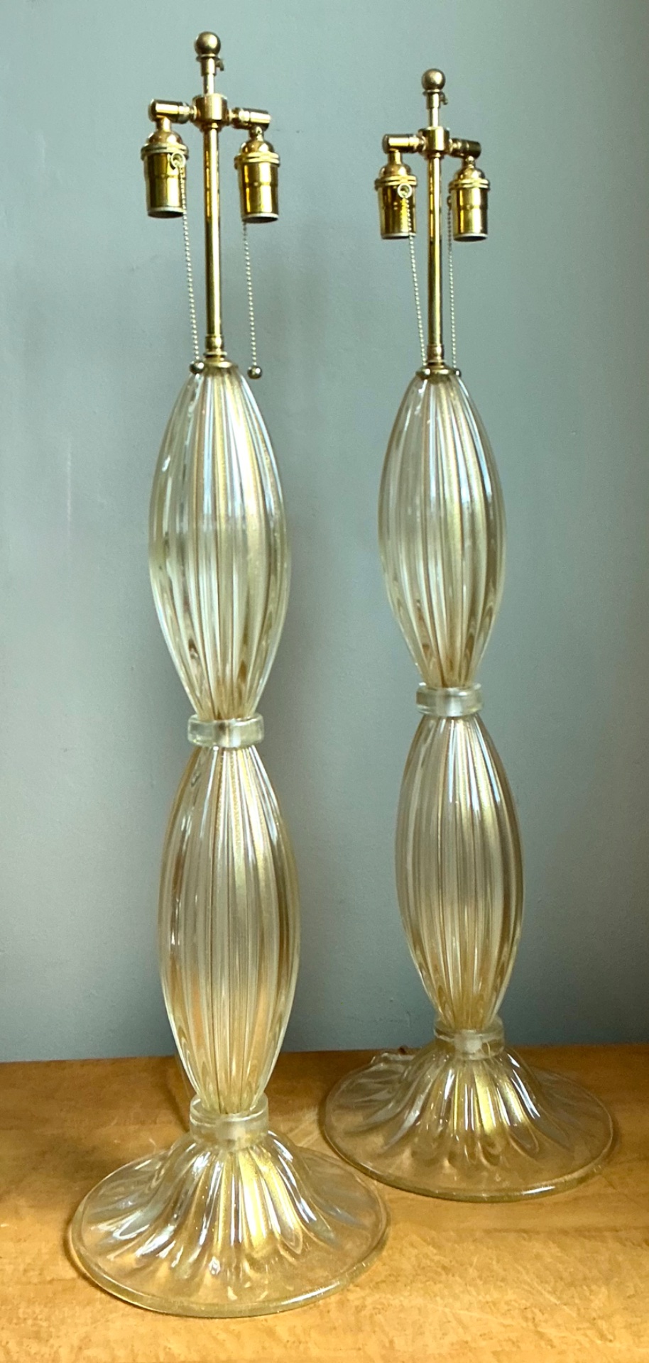 Vintage Ribbed Murano Glass Table Lamps - Pair - Detail view
