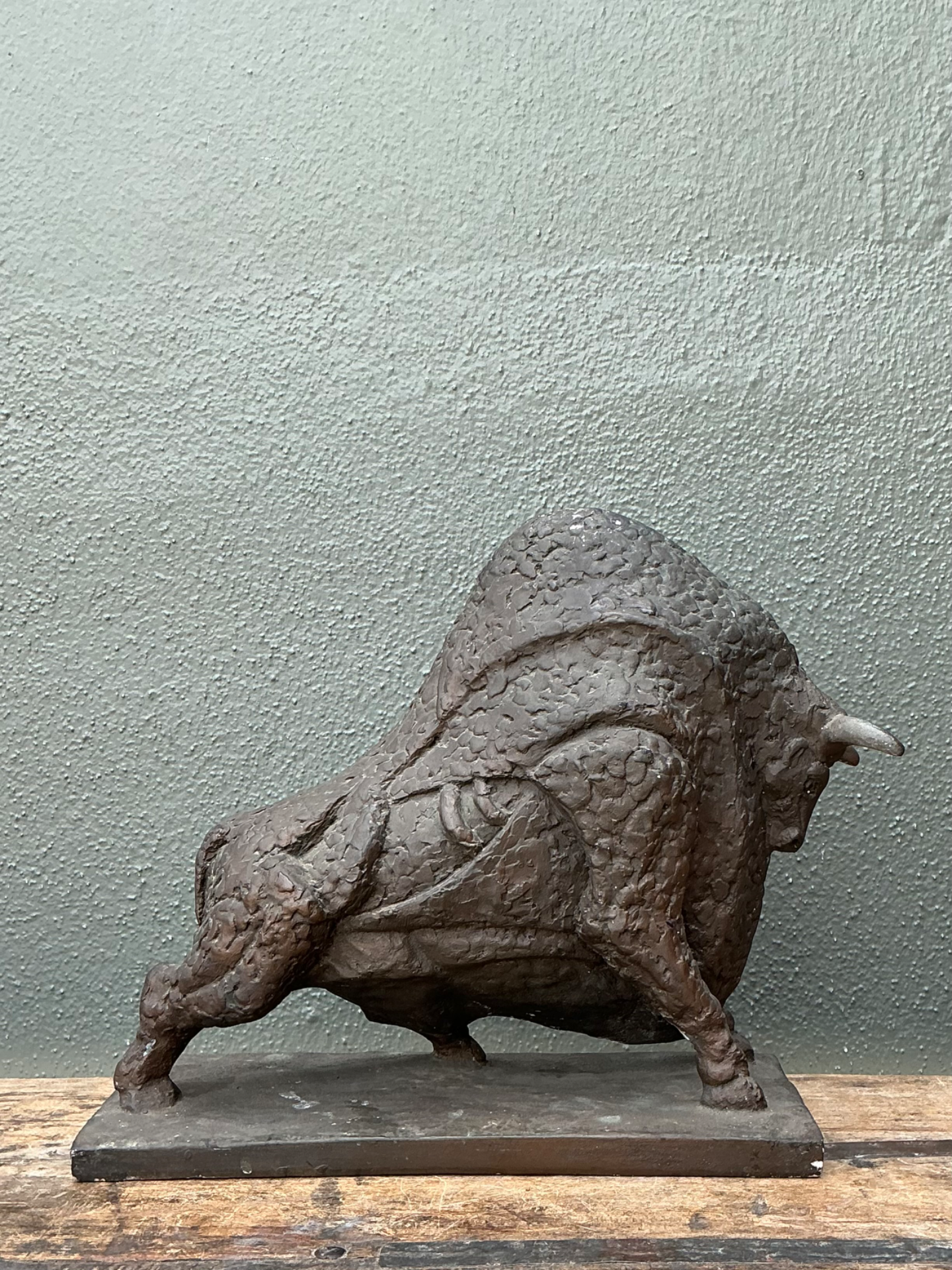 Vintage MCM Textured Plaster Bull Sculpture - Side view