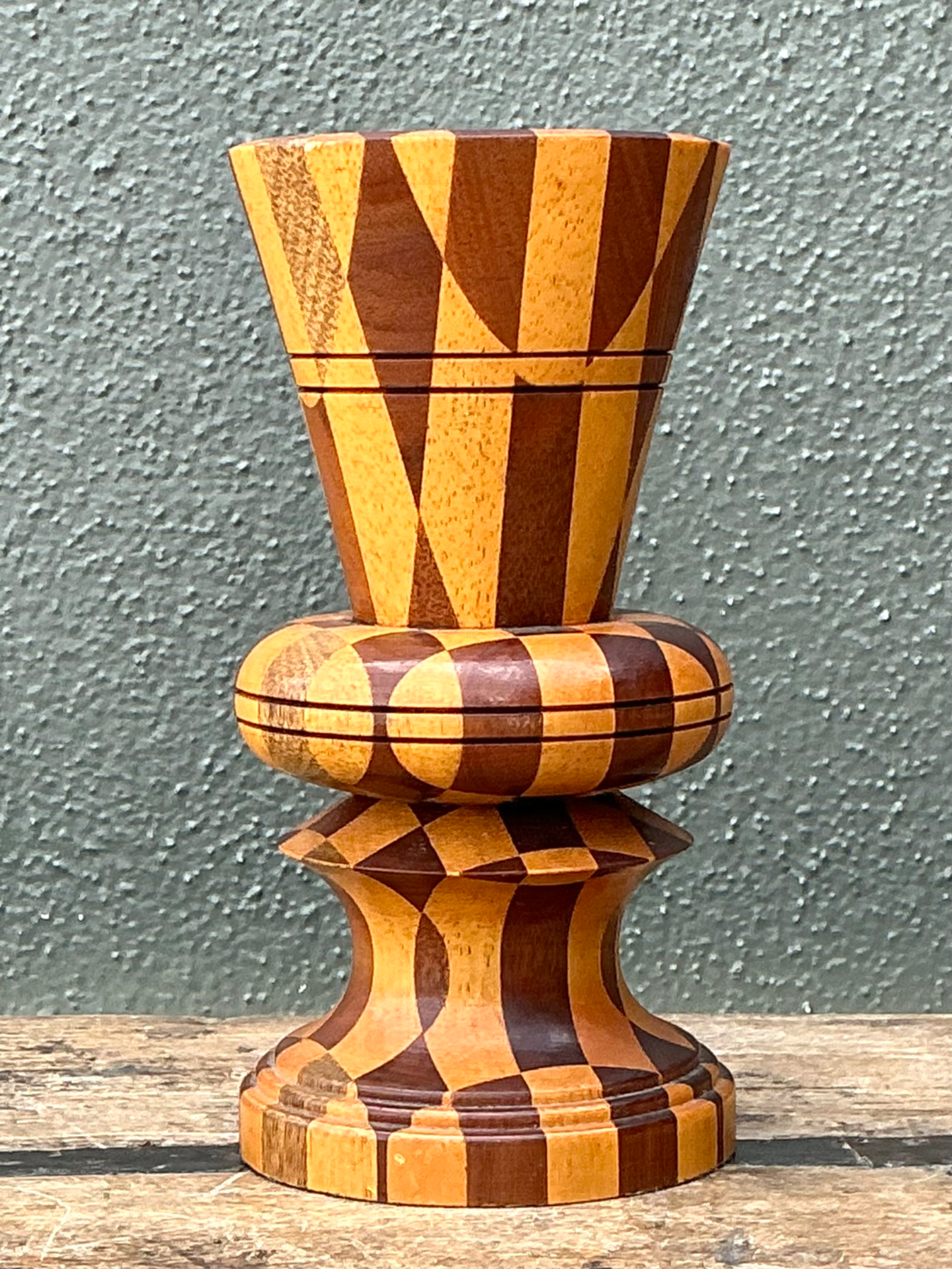 Vintage Geometric Wood Marquetry Vase - Top view