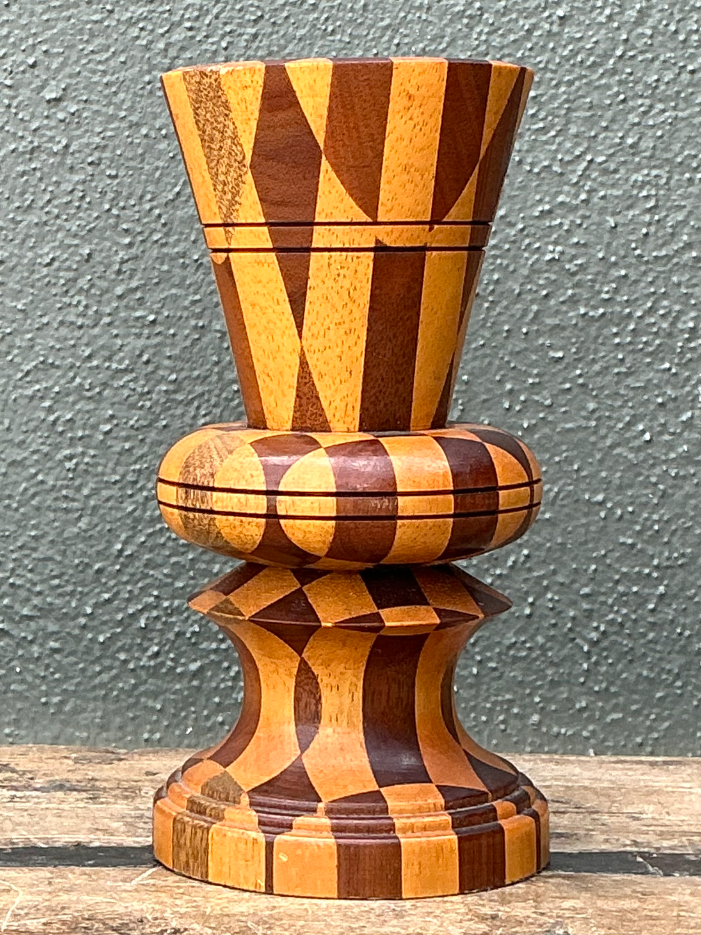 Vintage Geometric Wood Marquetry Vase - Detail view
