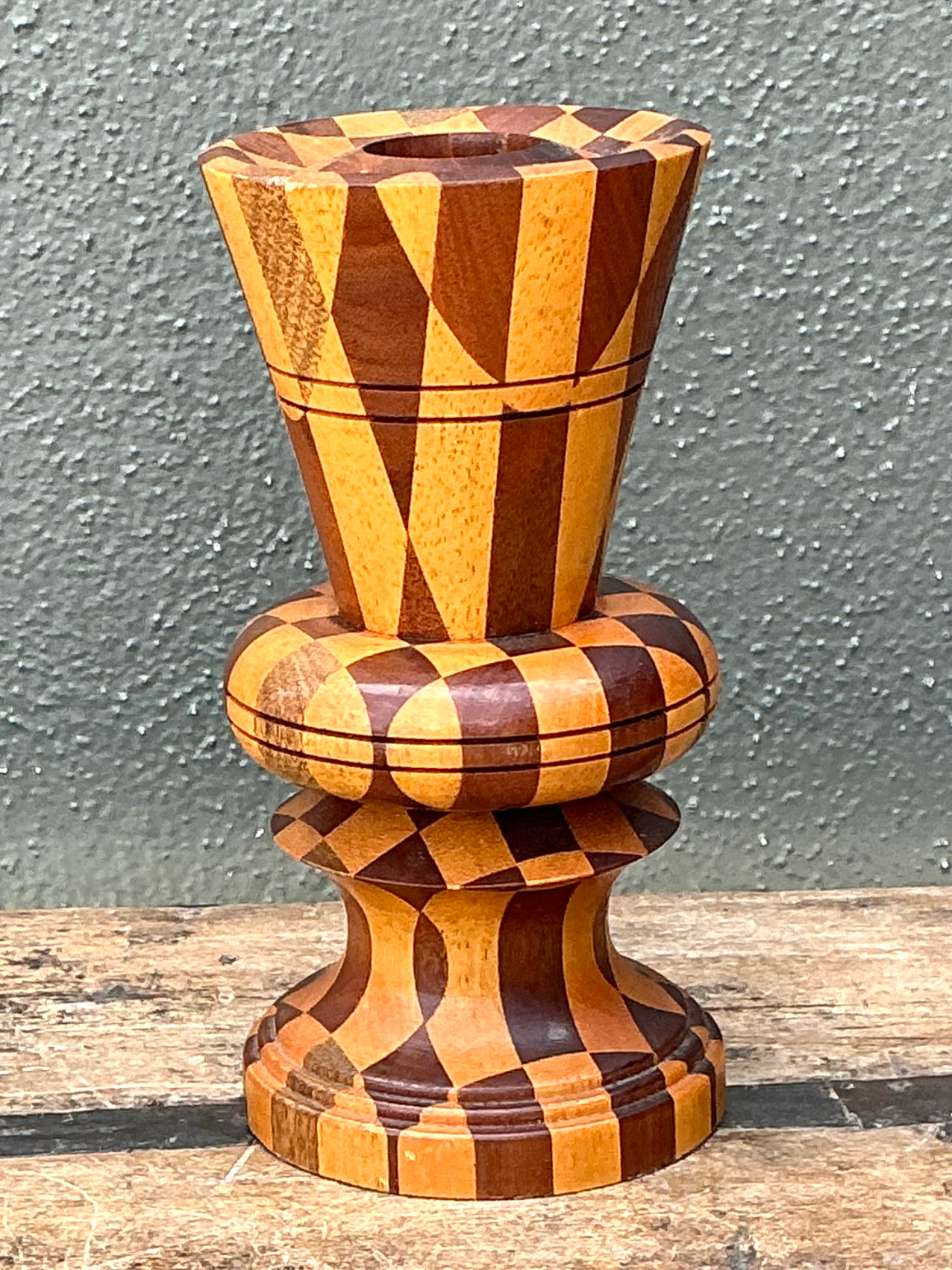 Vintage Geometric Wood Marquetry Vase - Side view