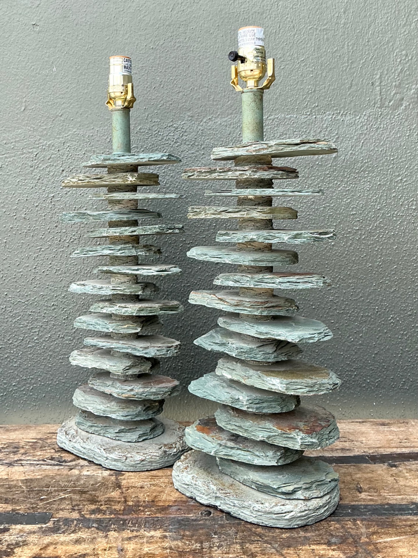 Vintage Stacked Stone Table Lamps - Pair - Top view