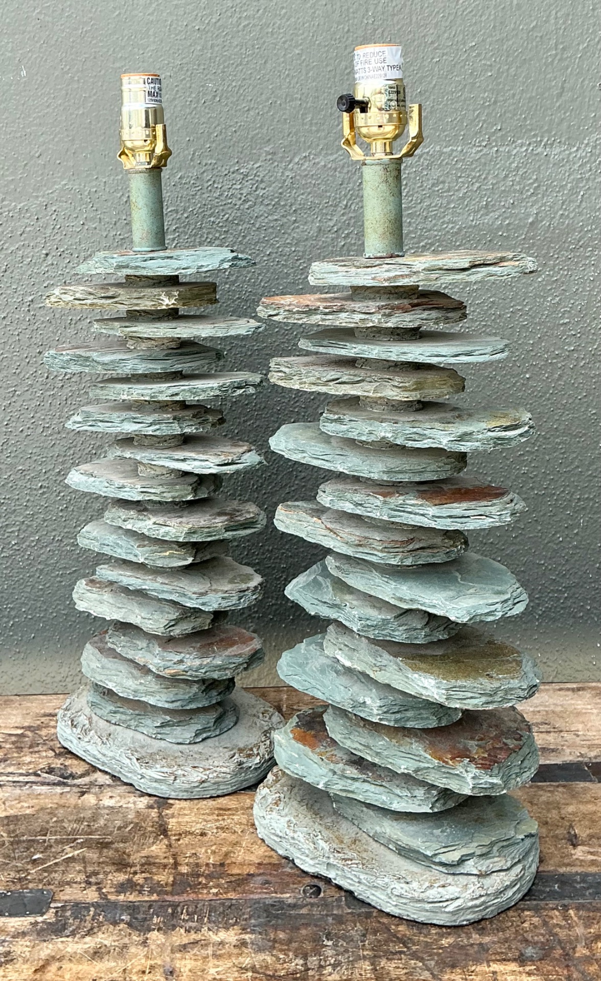 Vintage Stacked Stone Table Lamps - Pair - Back view