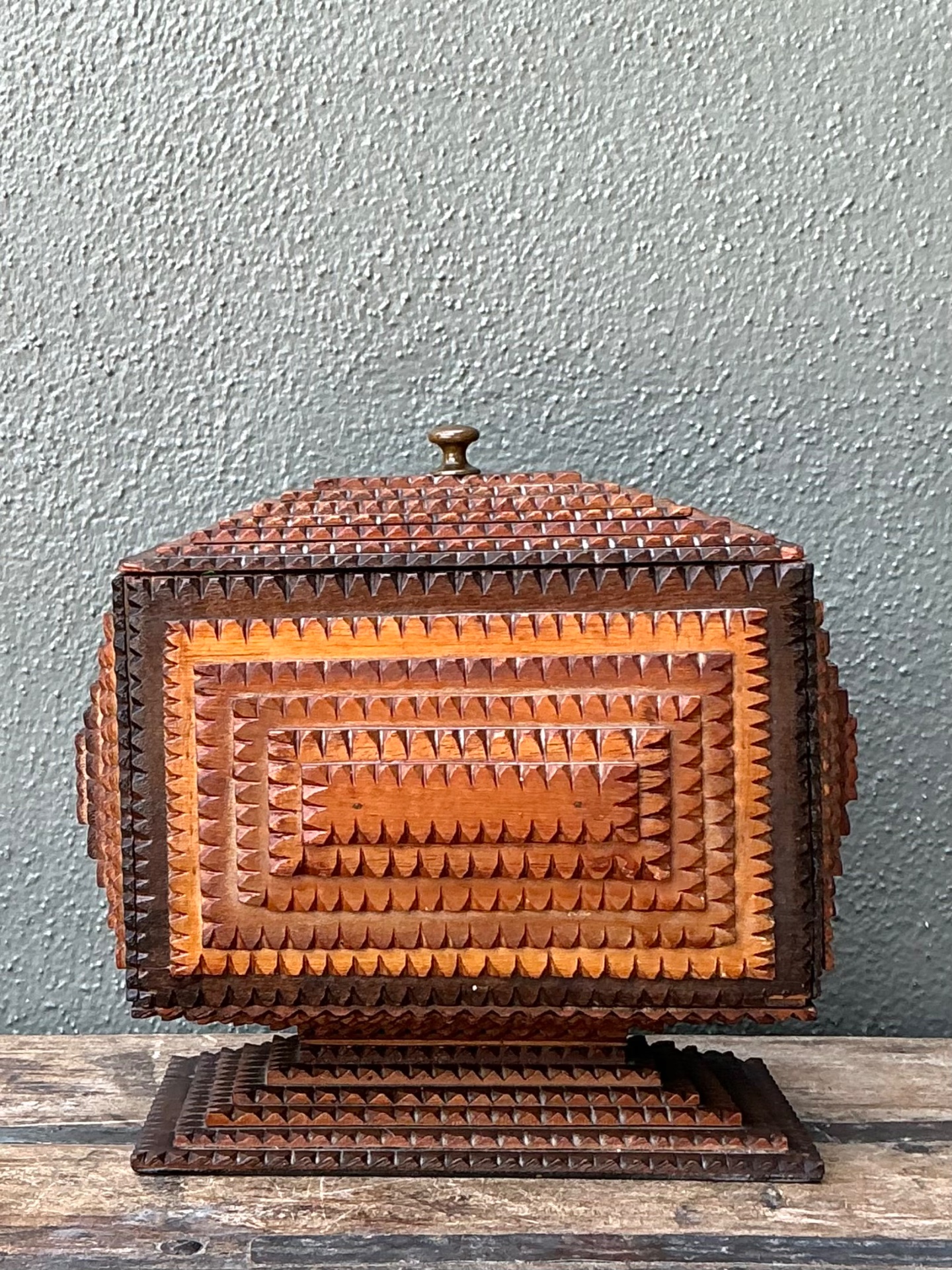 Vintage Tramp Art Wood Box On Pedestal - Back view