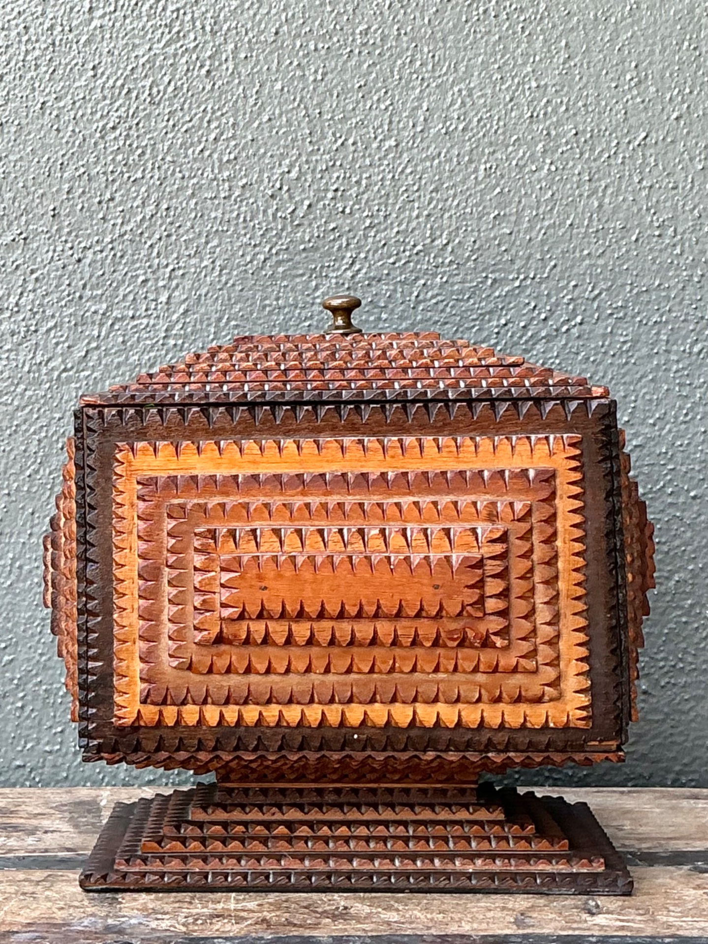Vintage Tramp Art Wood Box On Pedestal - Back view