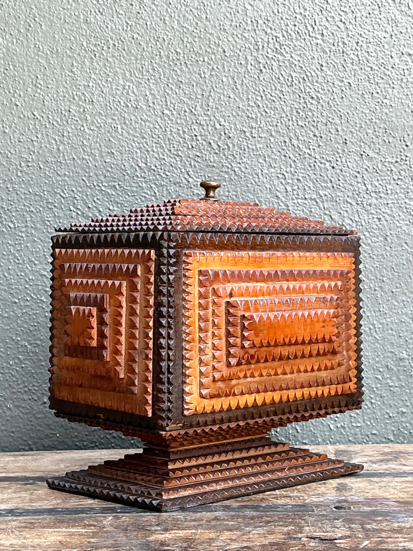 Vintage Tramp Art Wood Box On Pedestal - Top view