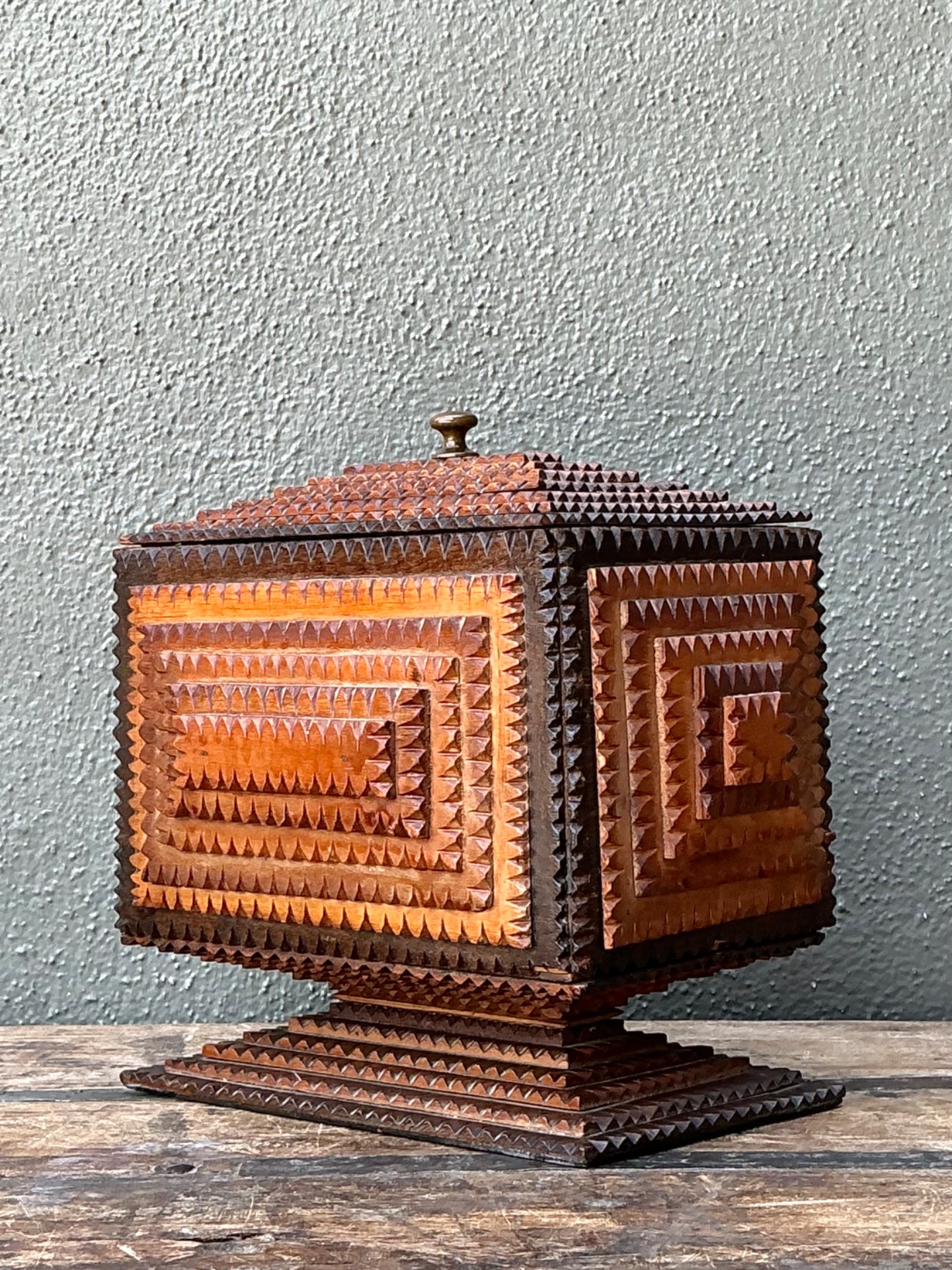 Vintage Tramp Art Wood Box On Pedestal - Side view