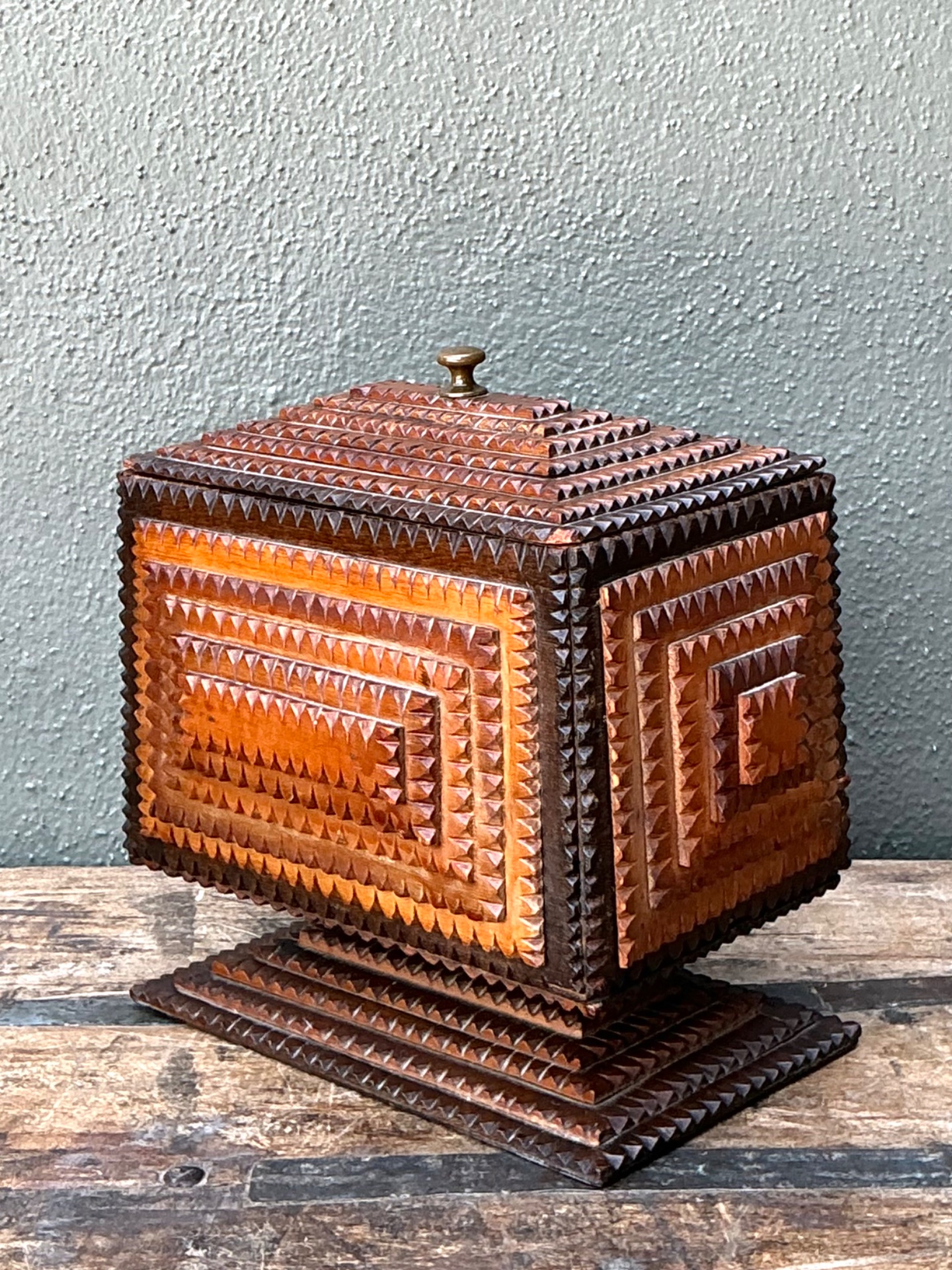 Vintage Tramp Art Wood Box On Pedestal - Top view