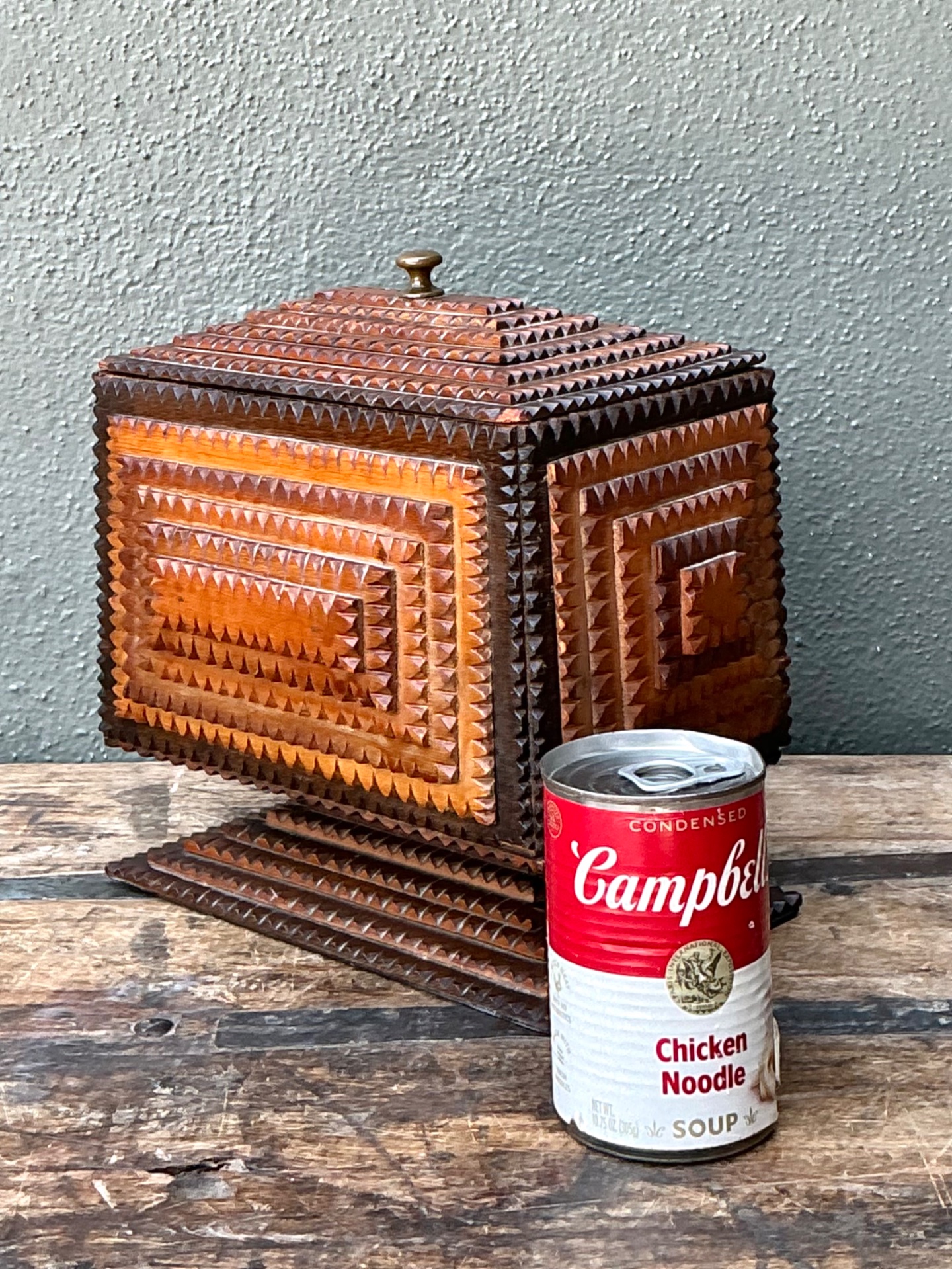 Vintage Tramp Art Wood Box On Pedestal - Detail view