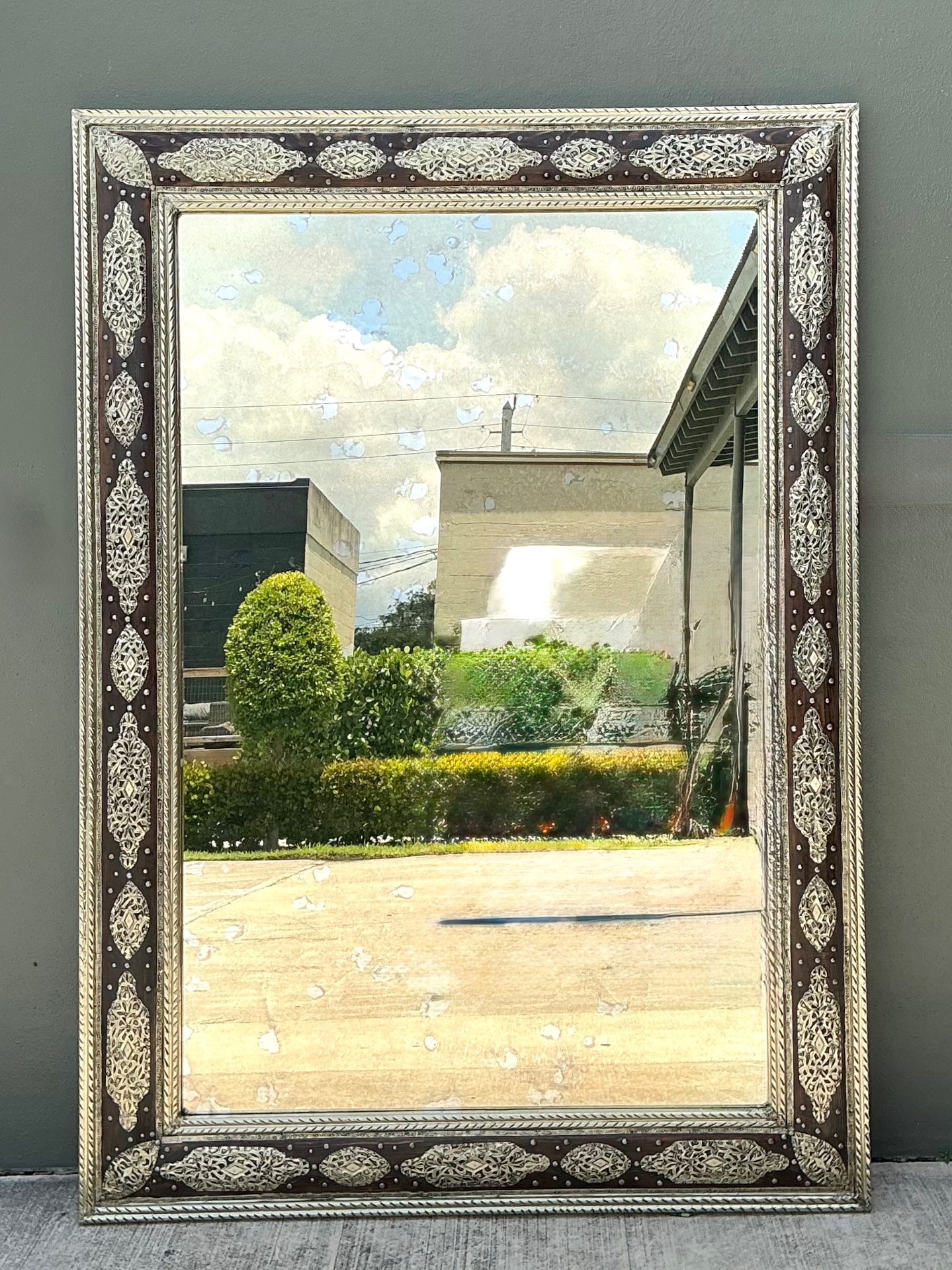 Vintage Moroccan Ornate Wood and Metal Mirror - Top view