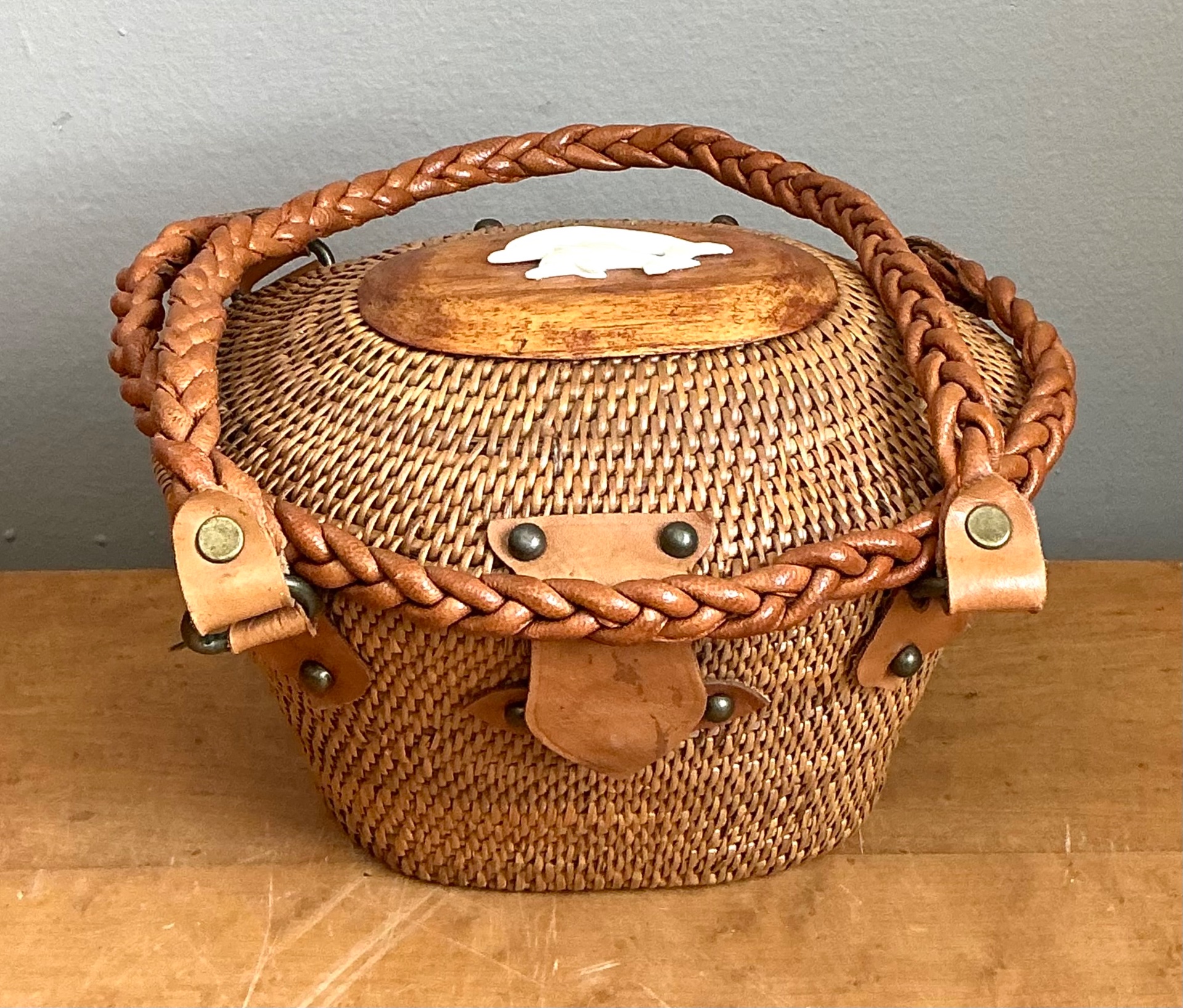 Vintage Woven Rattan Handbag with Leather Accents - Detail view