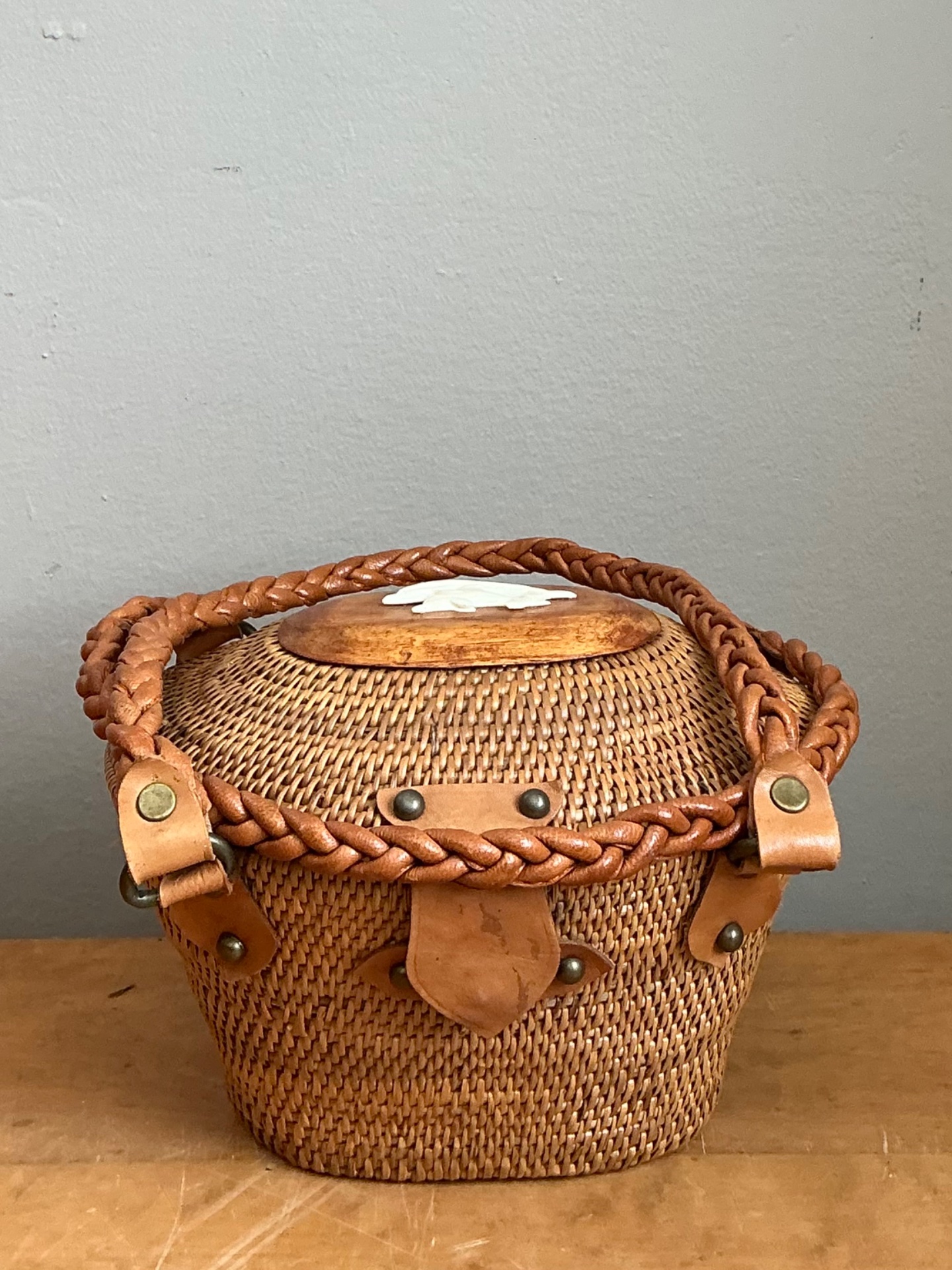 Vintage Woven Rattan Handbag with Leather Accents - Back view