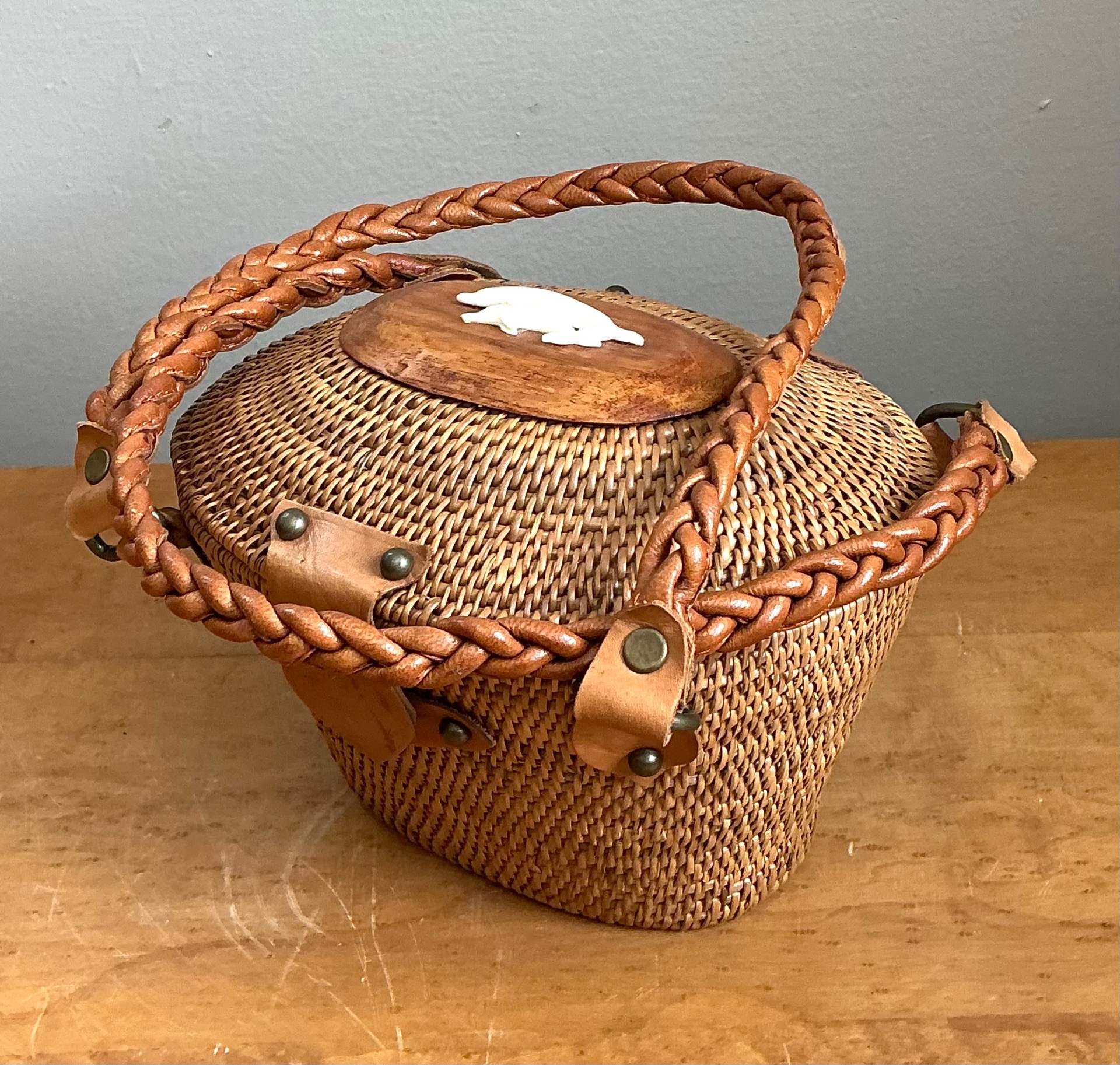 Vintage Woven Rattan Handbag with Leather Accents - Top view