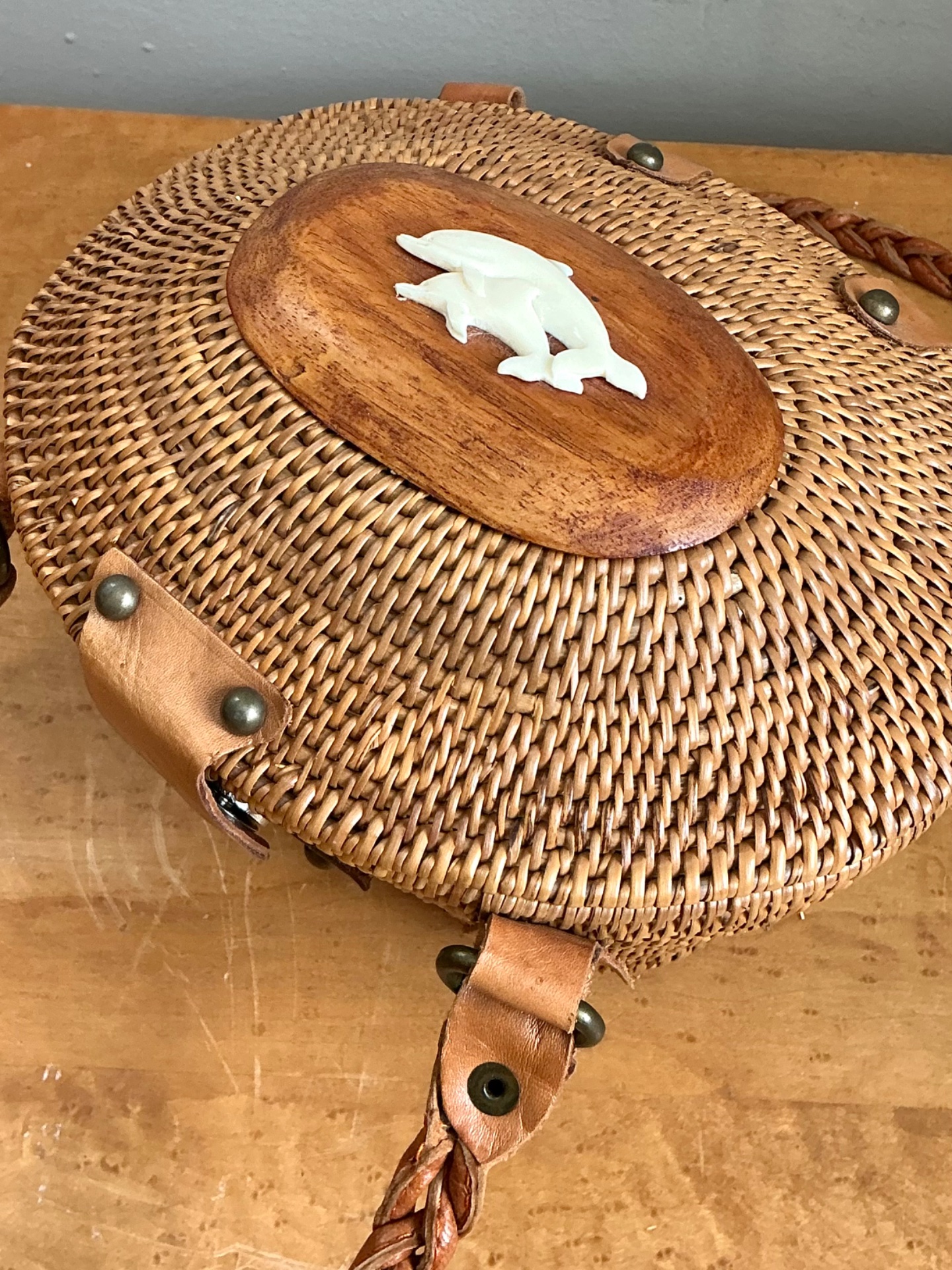 Vintage Woven Rattan Handbag with Leather Accents - Side view