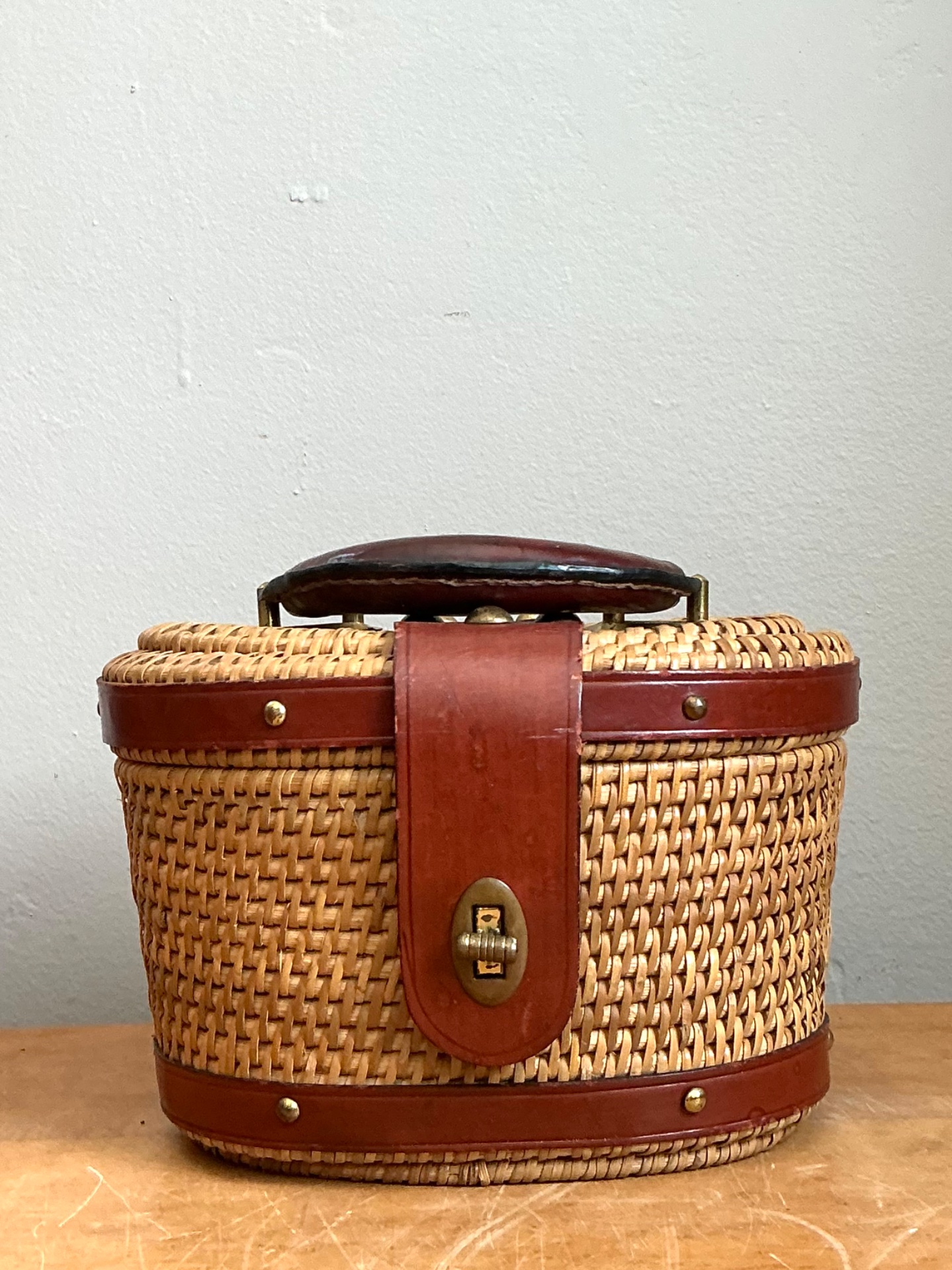 Vintage Rattan and Leather Handbag - Side view