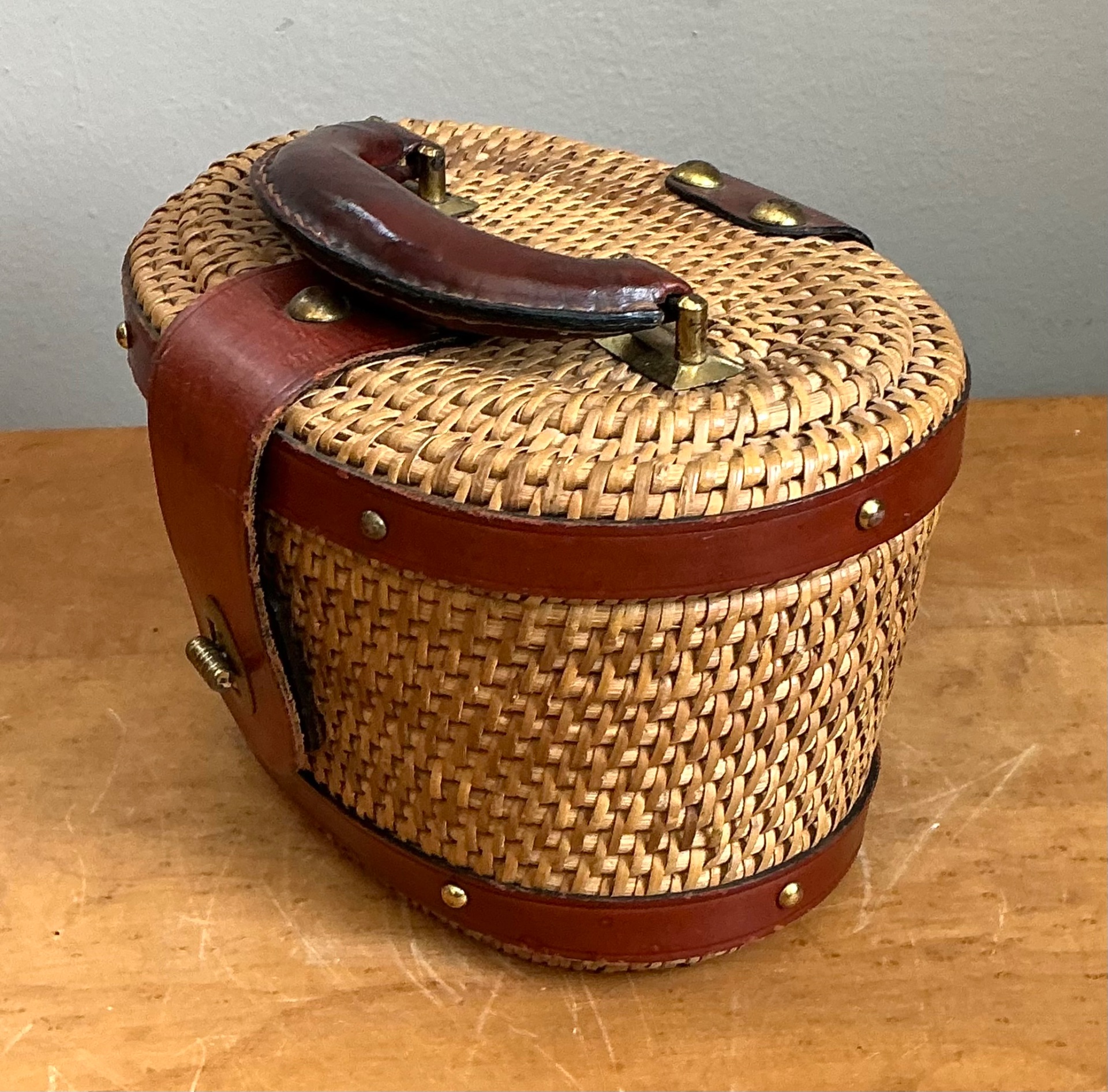 Vintage Rattan and Leather Handbag - Top view