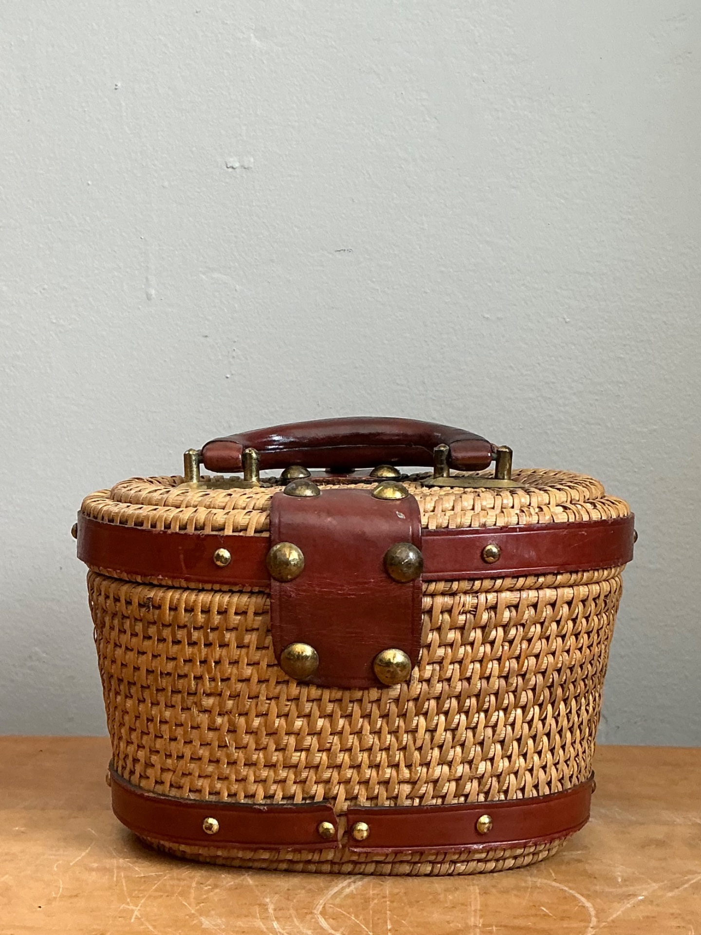 Vintage Rattan and Leather Handbag - Back view