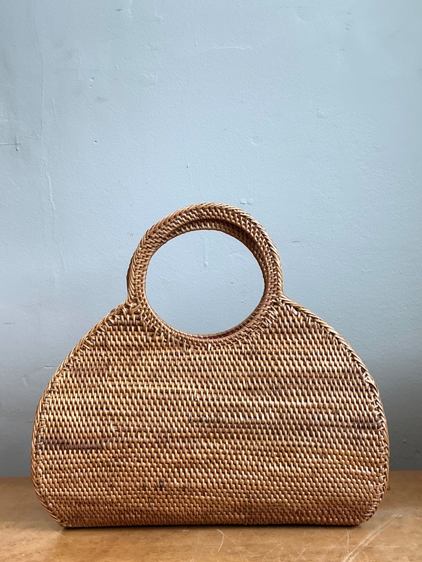Vintage Woven Rattan Purse with Fabric Lining - Detail view
