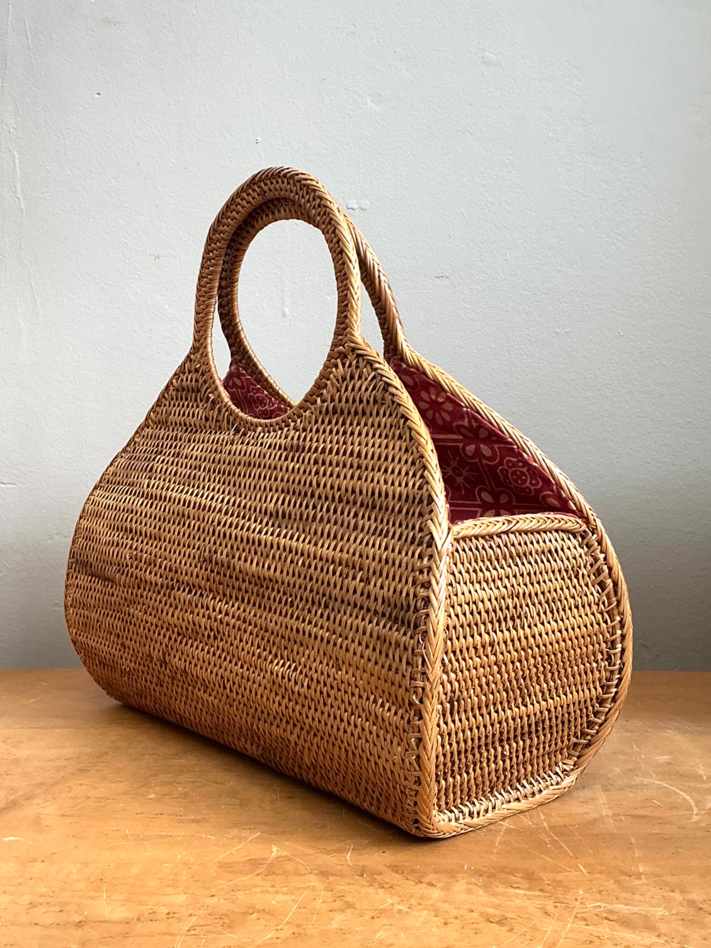 Vintage Woven Rattan Purse with Fabric Lining - Top view