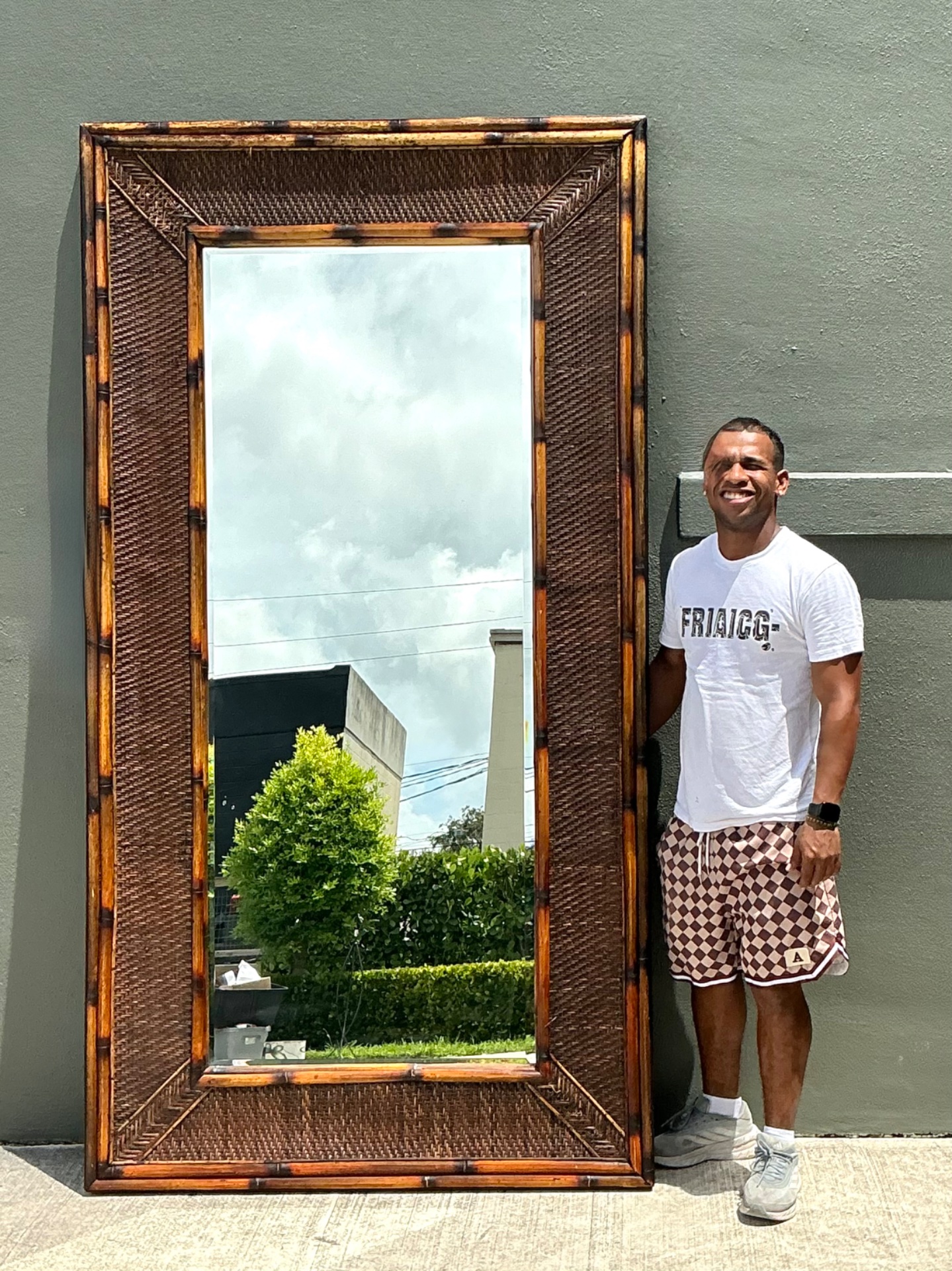 Vintage Monumental Bamboo and Rattan Floor Mirror - Top view